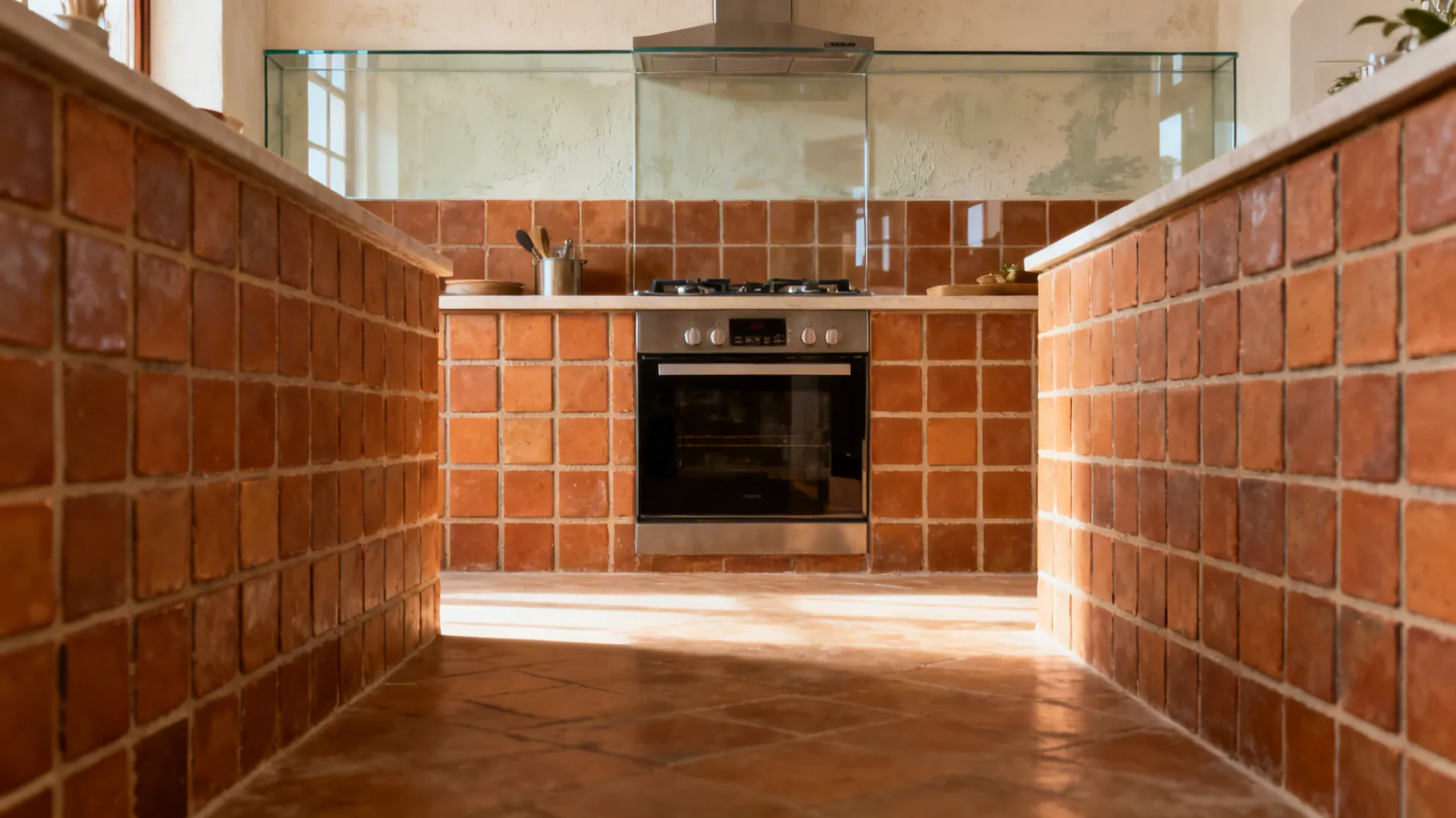 Terracotta floor tiles with a washable high-splash backsplash in a village-style kitchen.