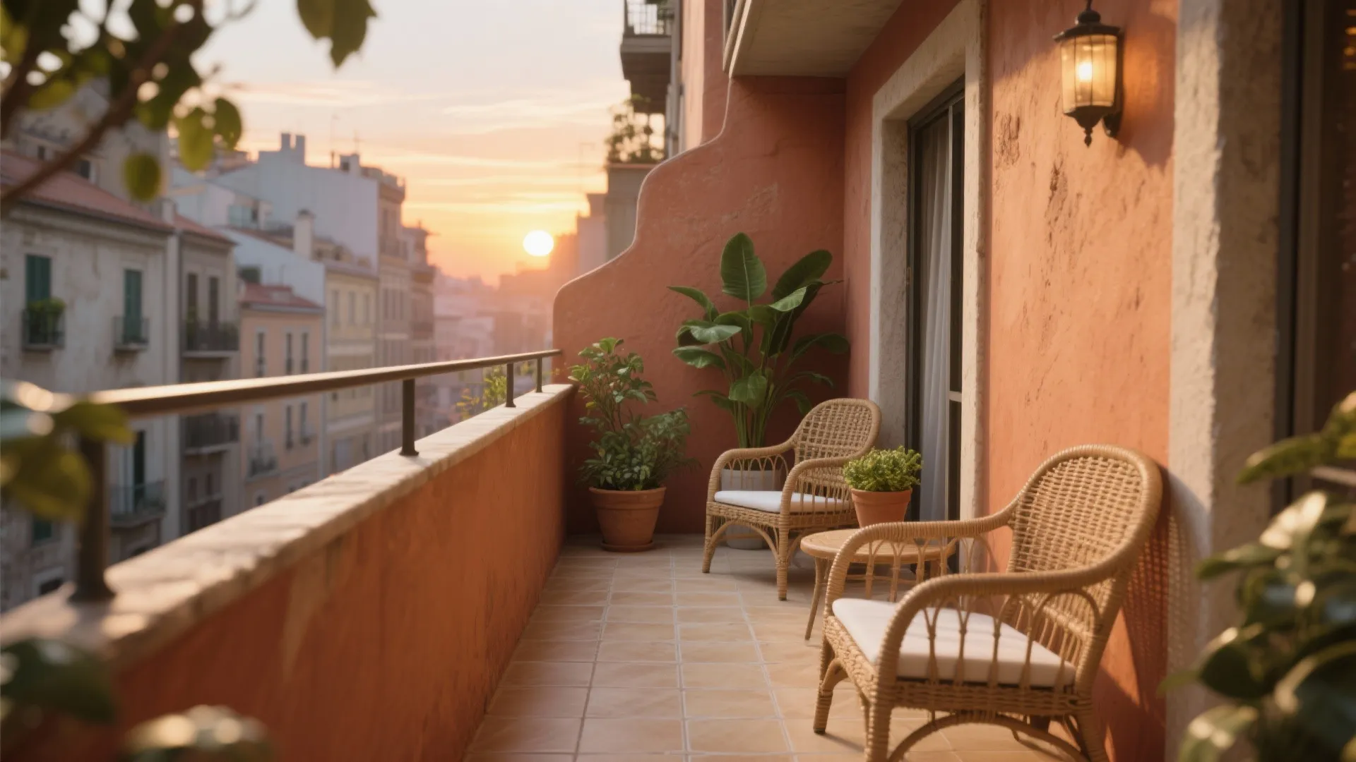 Terracotta balcony at sunset with two wicker chairs small table wall light and green potted plants