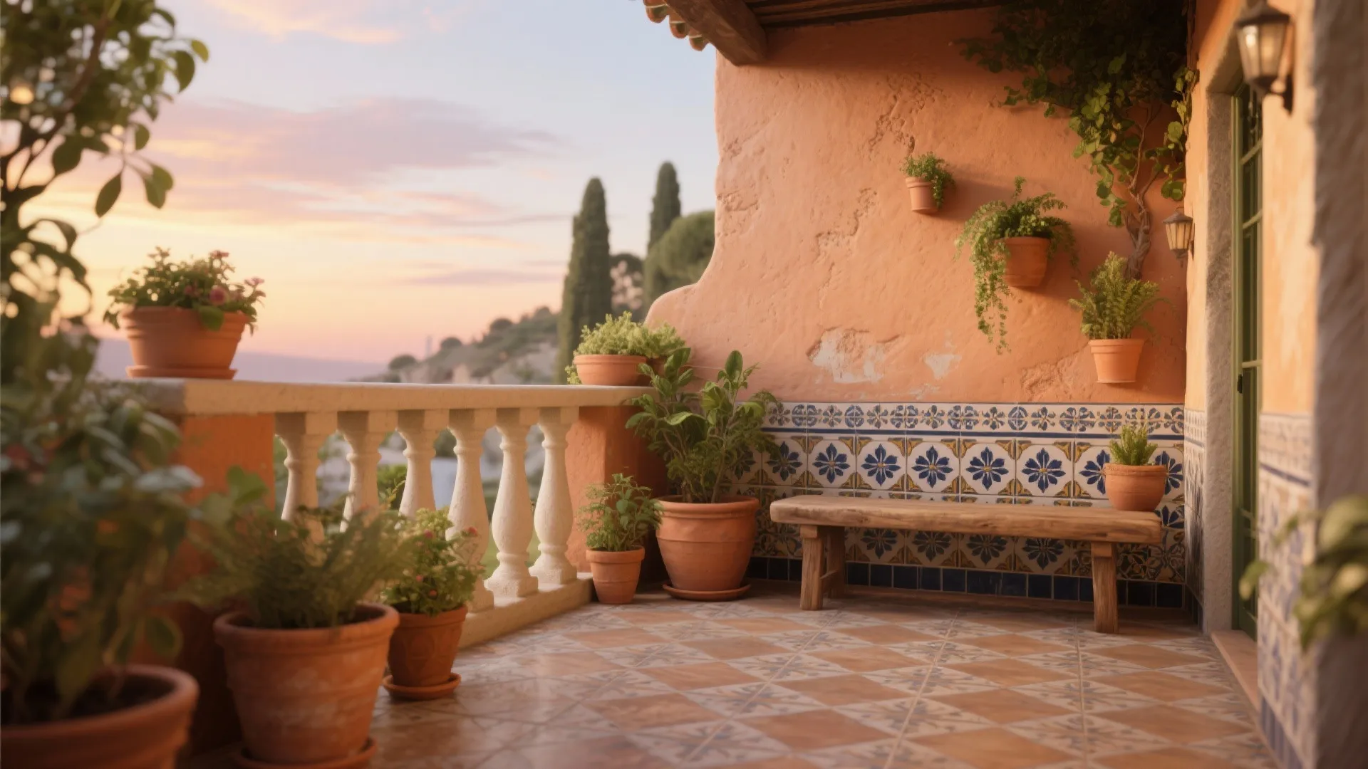 Mediterranean balcony with orange walls blue patterned tiles wooden bench and many green potted plants