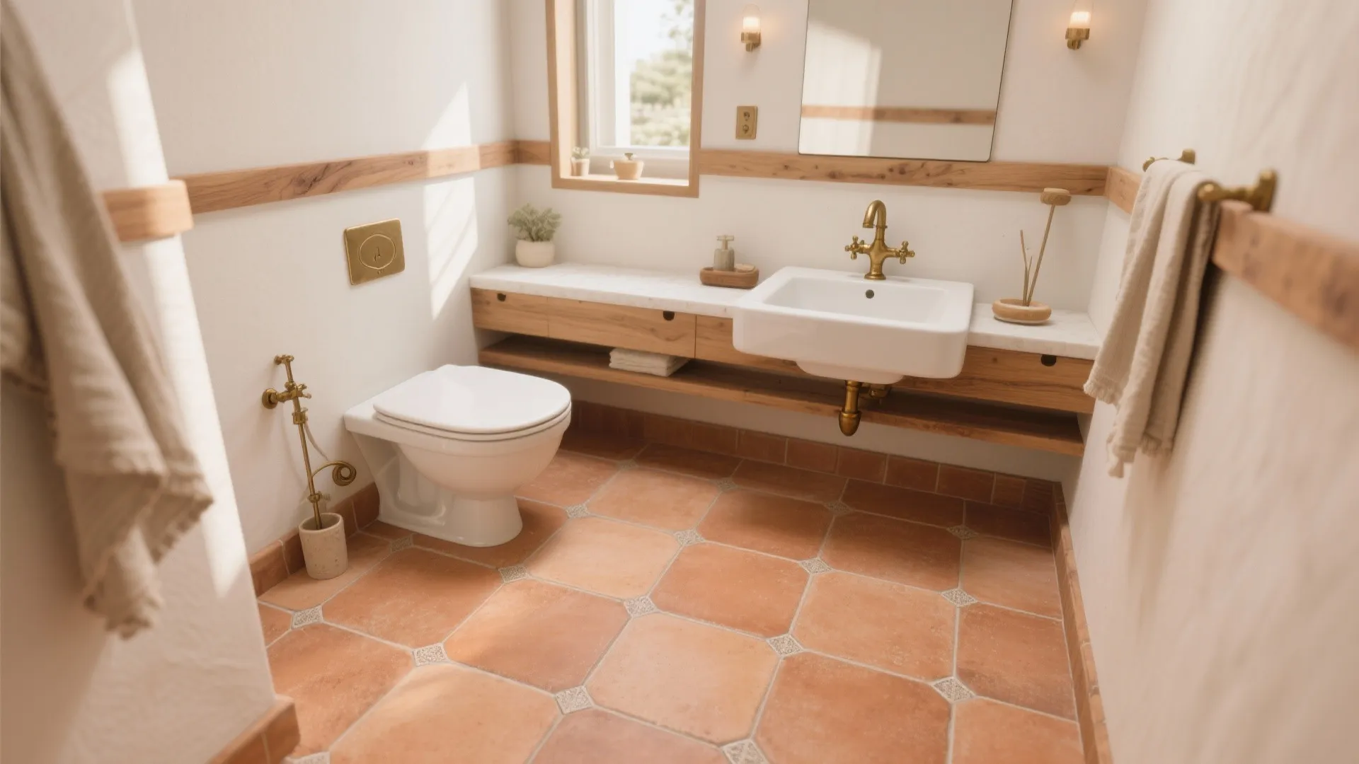 Cozy small bathroom with terracotta-look matte porcelain floor, pale walls, oak trim, and aged brass fixtures in warm daylight.