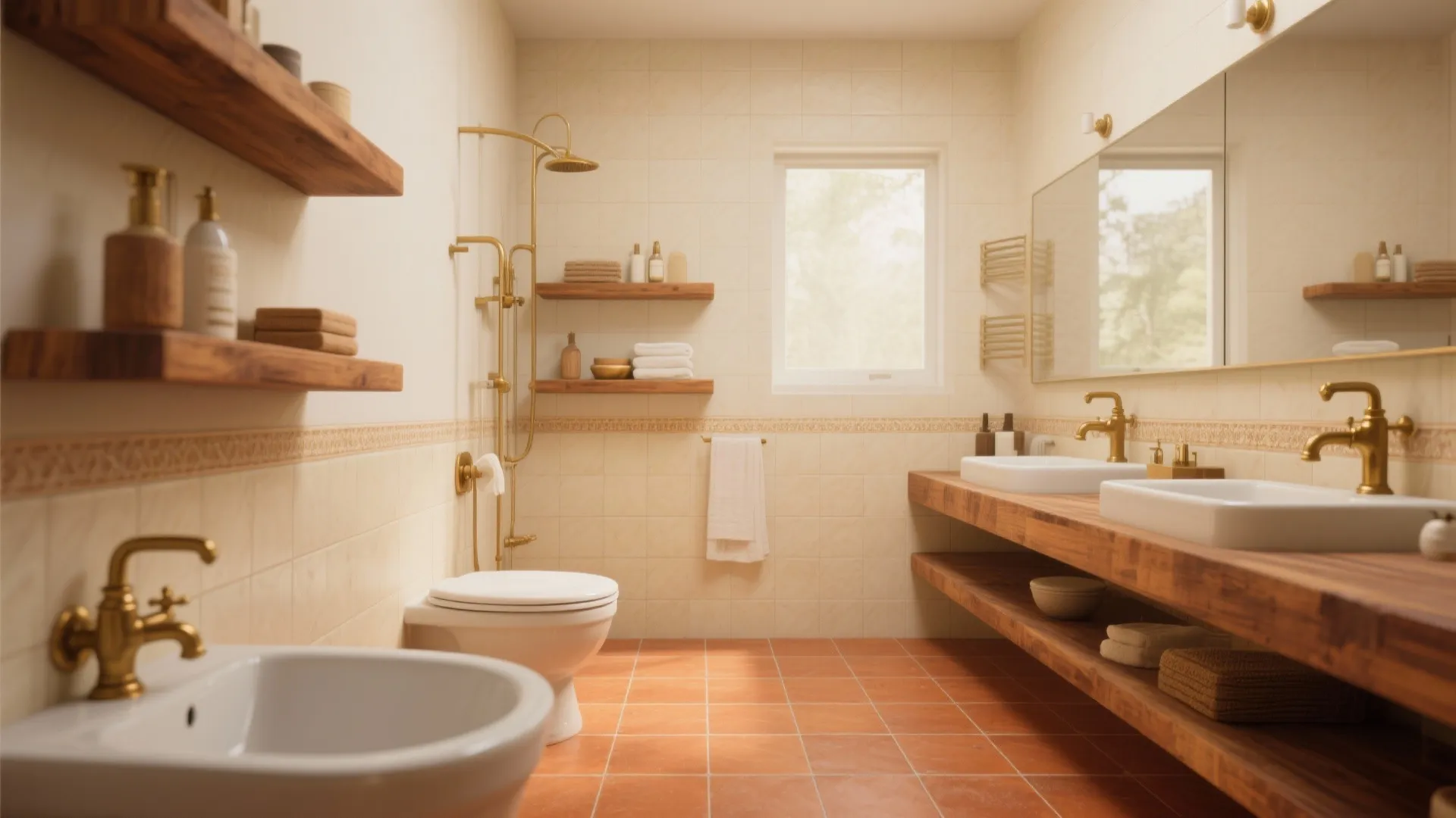Warm bathroom interior with orange floor tiles wooden shelves gold faucets and white sinks and toilet