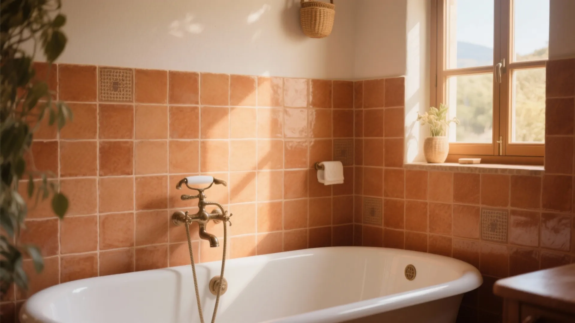 White bathtub set against warm orange wall tiles with sunlight streaming through a nearby window