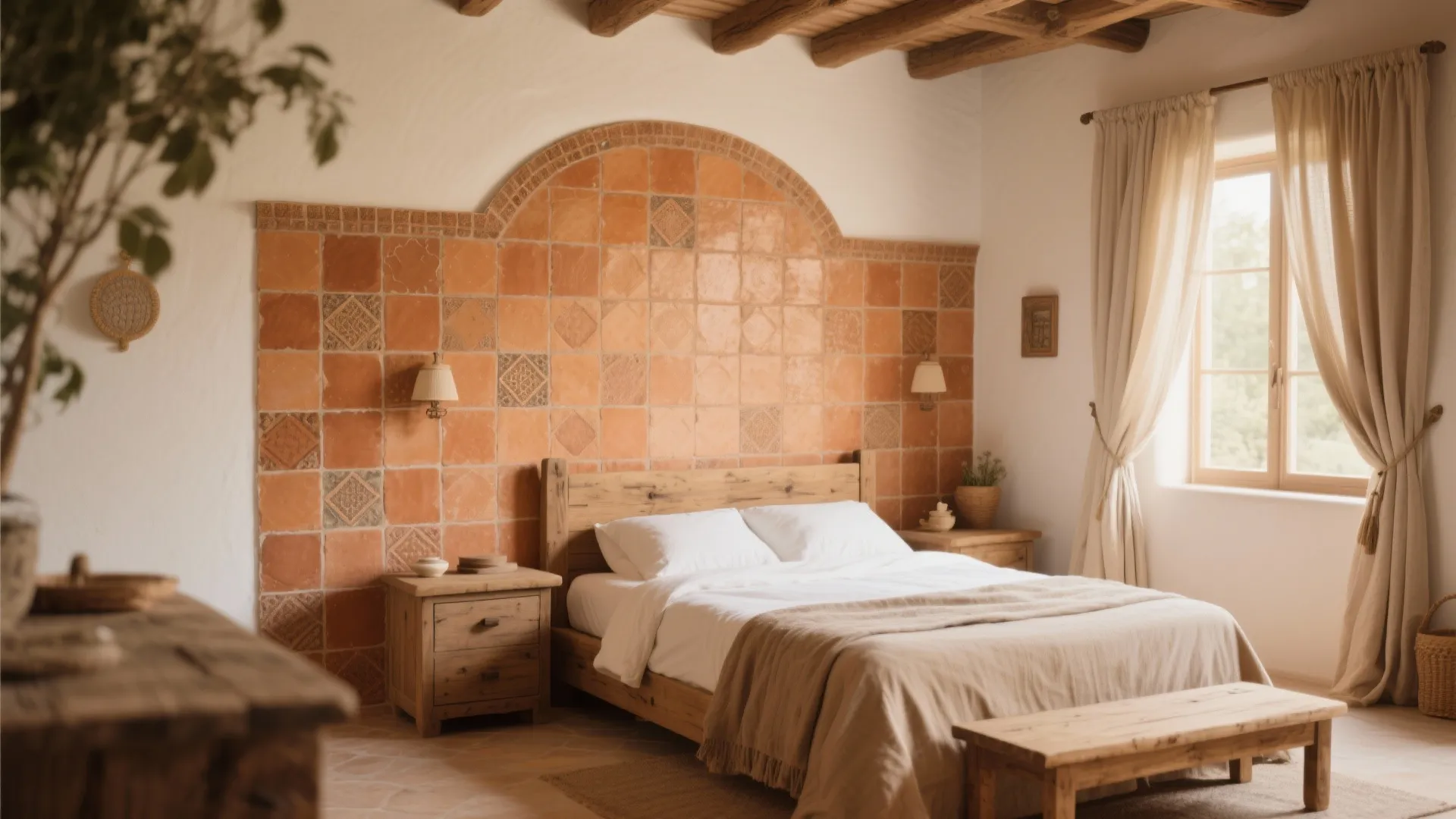 Rustic bedroom with orange wall tiles wooden bed frame bench and curtains under a window