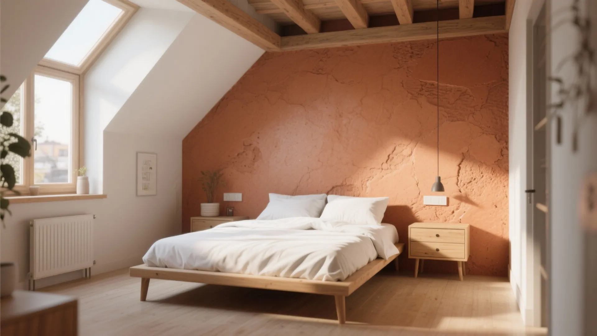 Attic bedroom featuring textured orange wall, wooden ceiling beams, roof window, and a wooden bed