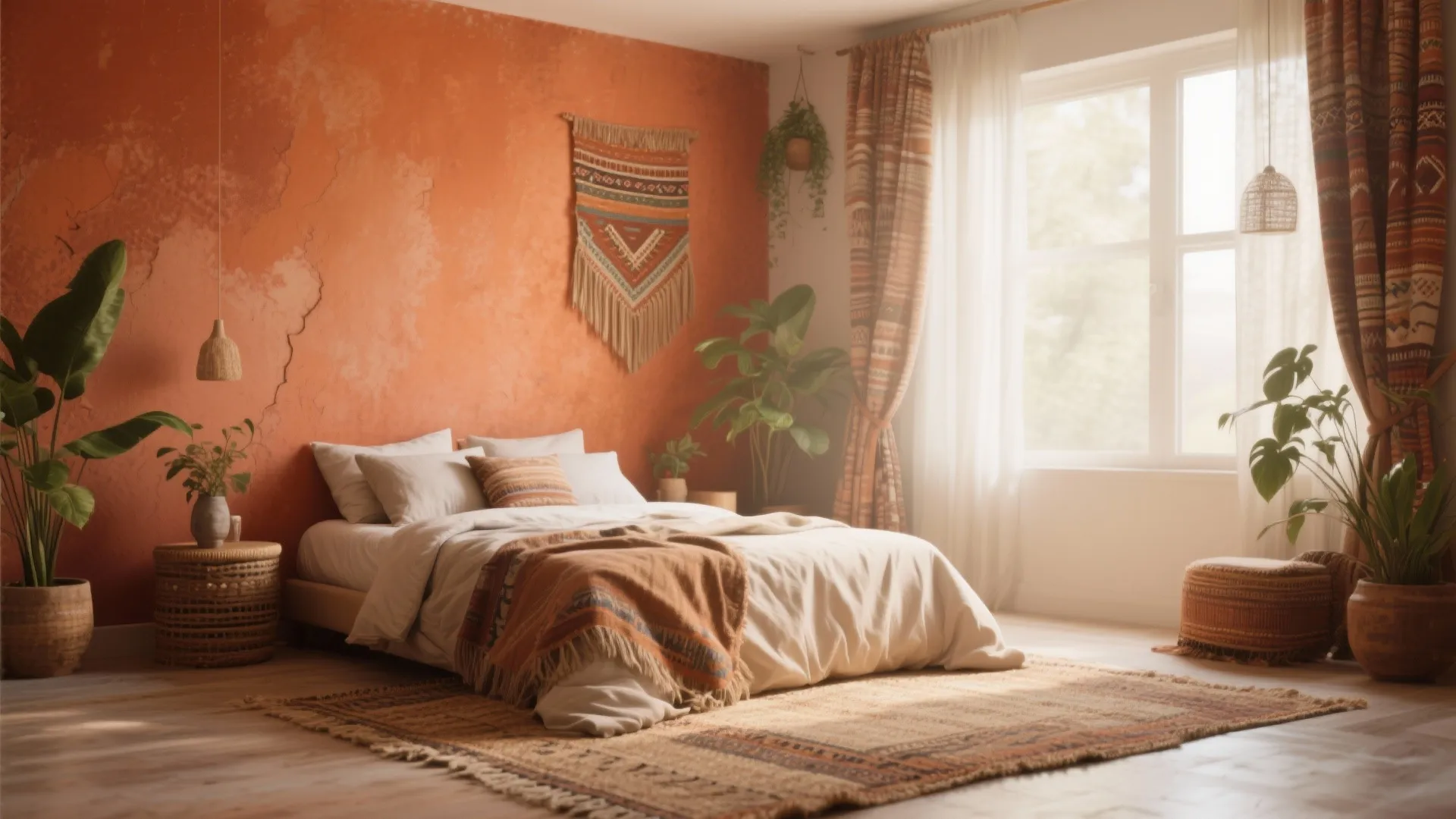 Bohemian bedroom with orange walls white bed patterned rug green plants and window with curtains