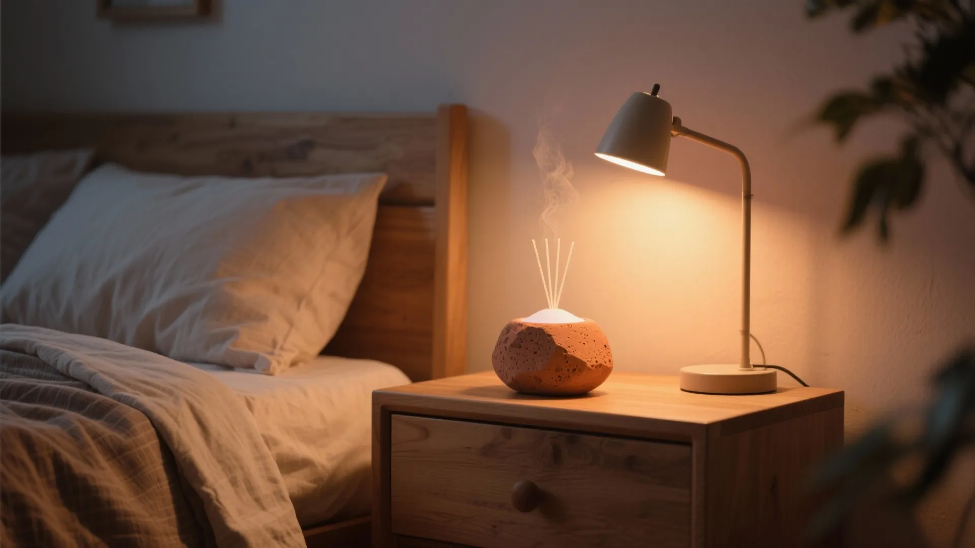 Terracotta stone diffuser on a nightstand in a cozy small bedroom.