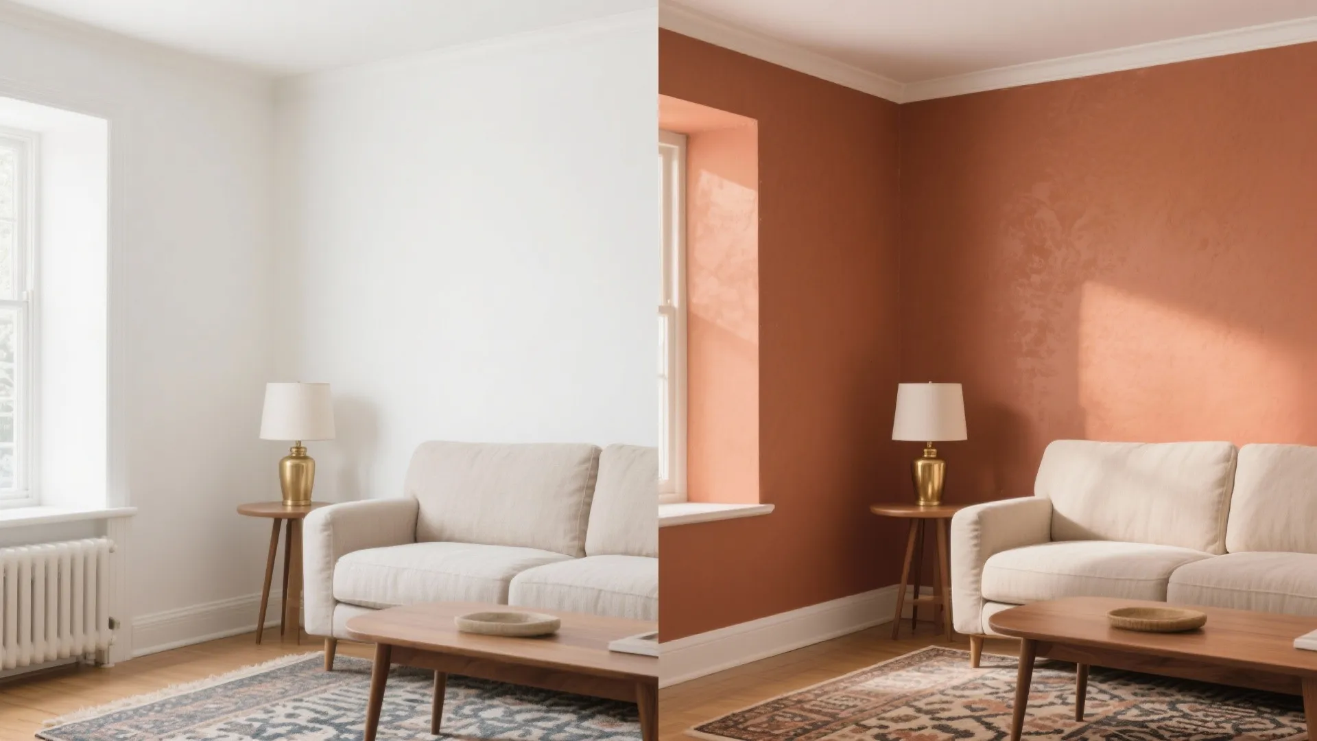 Before and after comparison of a living room with white walls versus warm orange painted walls
