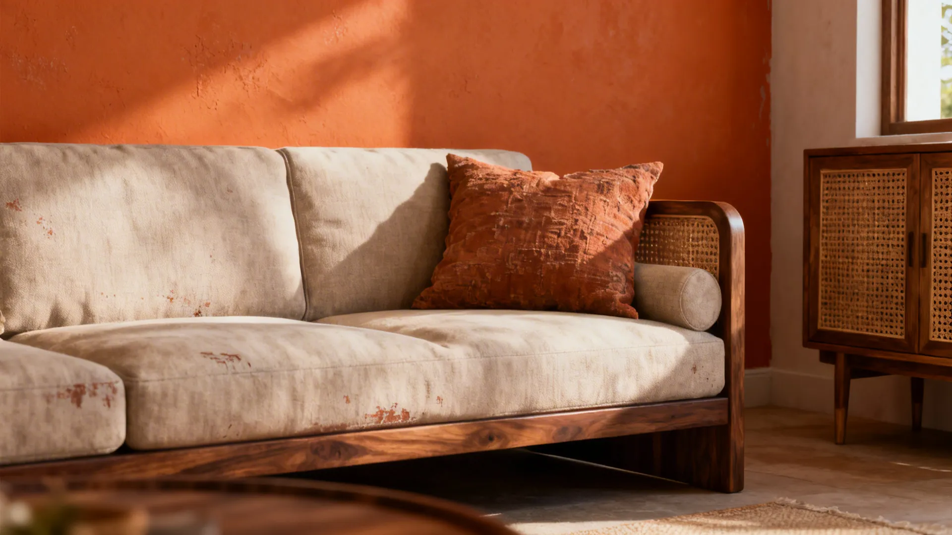 Sofa anchored by a terracotta orange wall with rattan and walnut accents in a small living room.