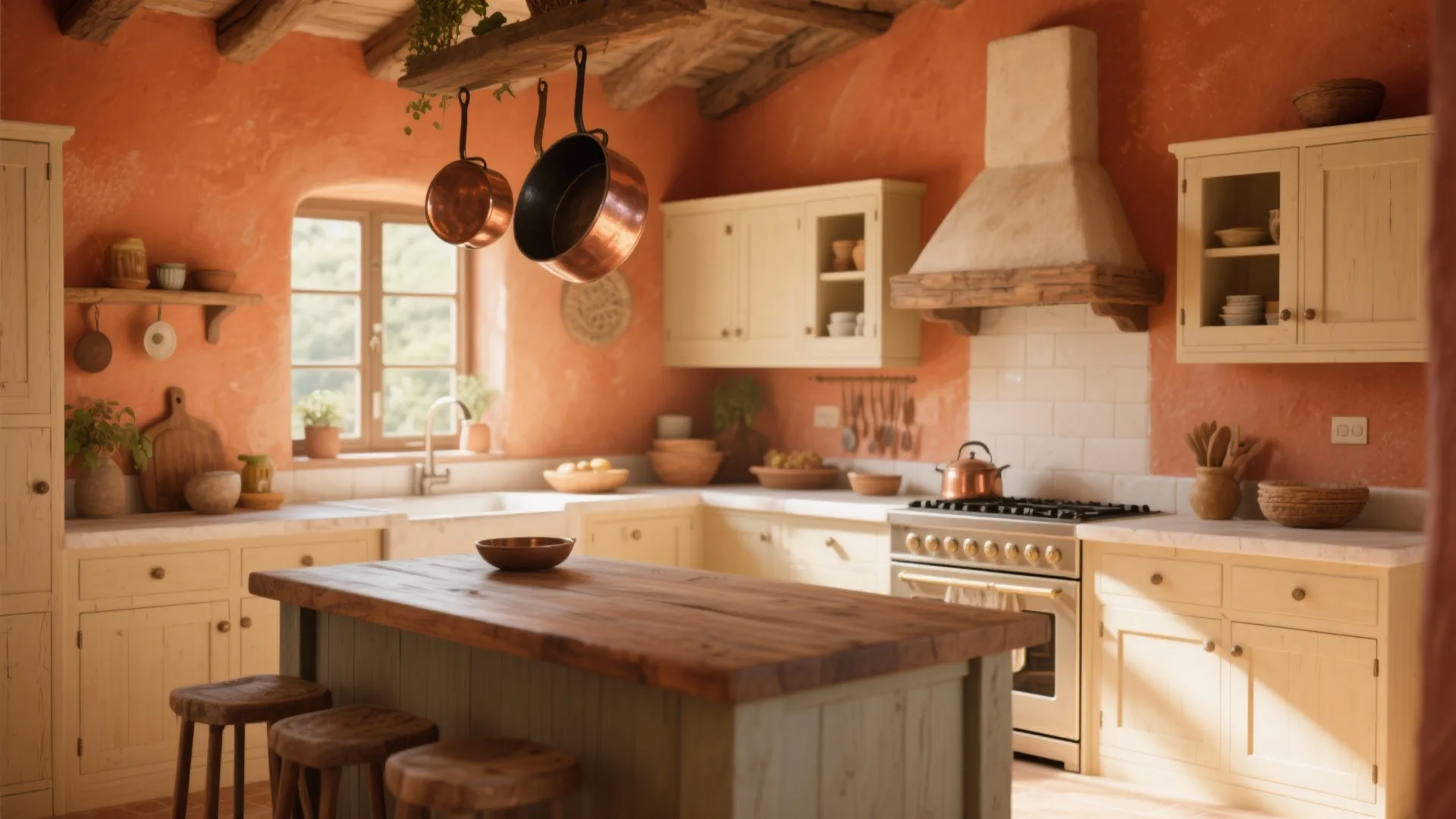 Rustic kitchen with orange walls beige cabinets wooden island hanging copper pots and farmhouse sink area
