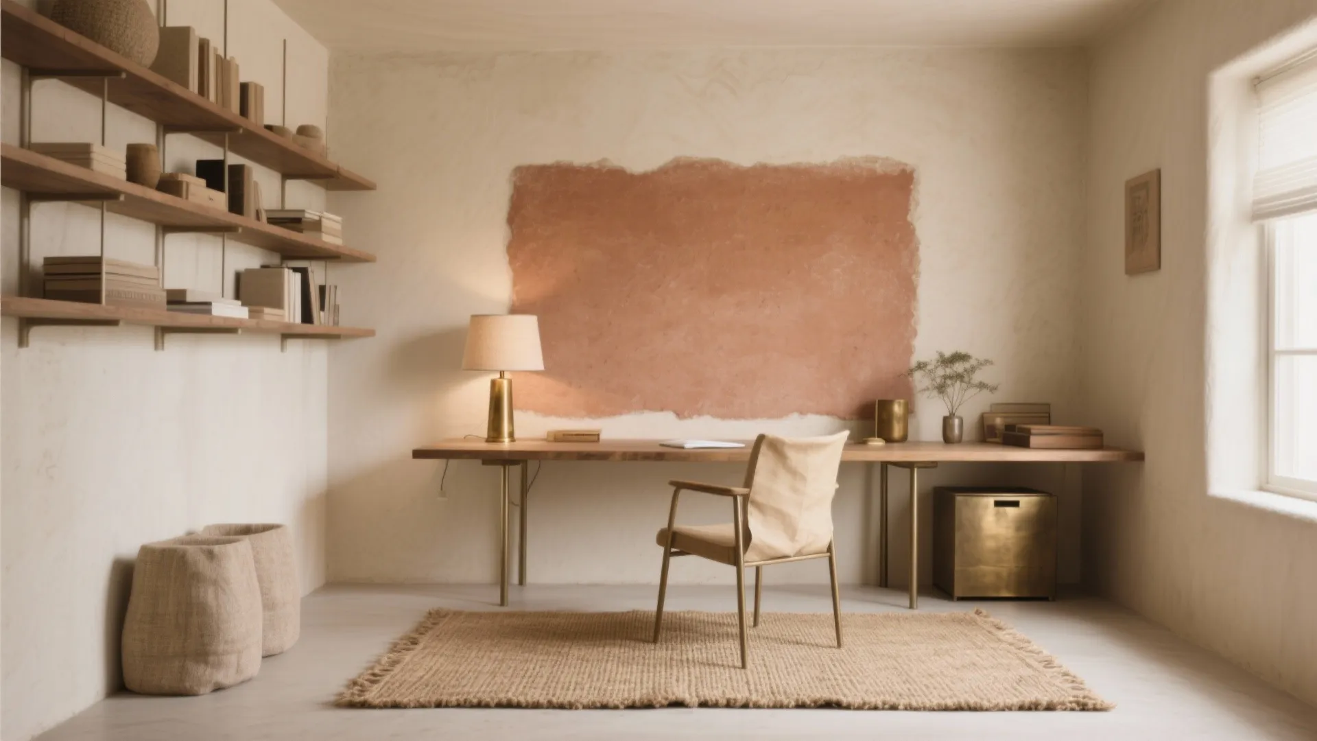 Minimalist home office with wooden desk beige walls terracotta wall paint wooden shelves and natural light