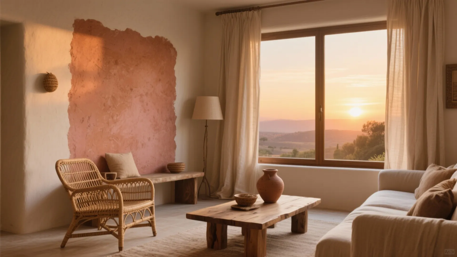 Warm rustic lounge with wicker chair wooden table terracotta wall and sunset view through window