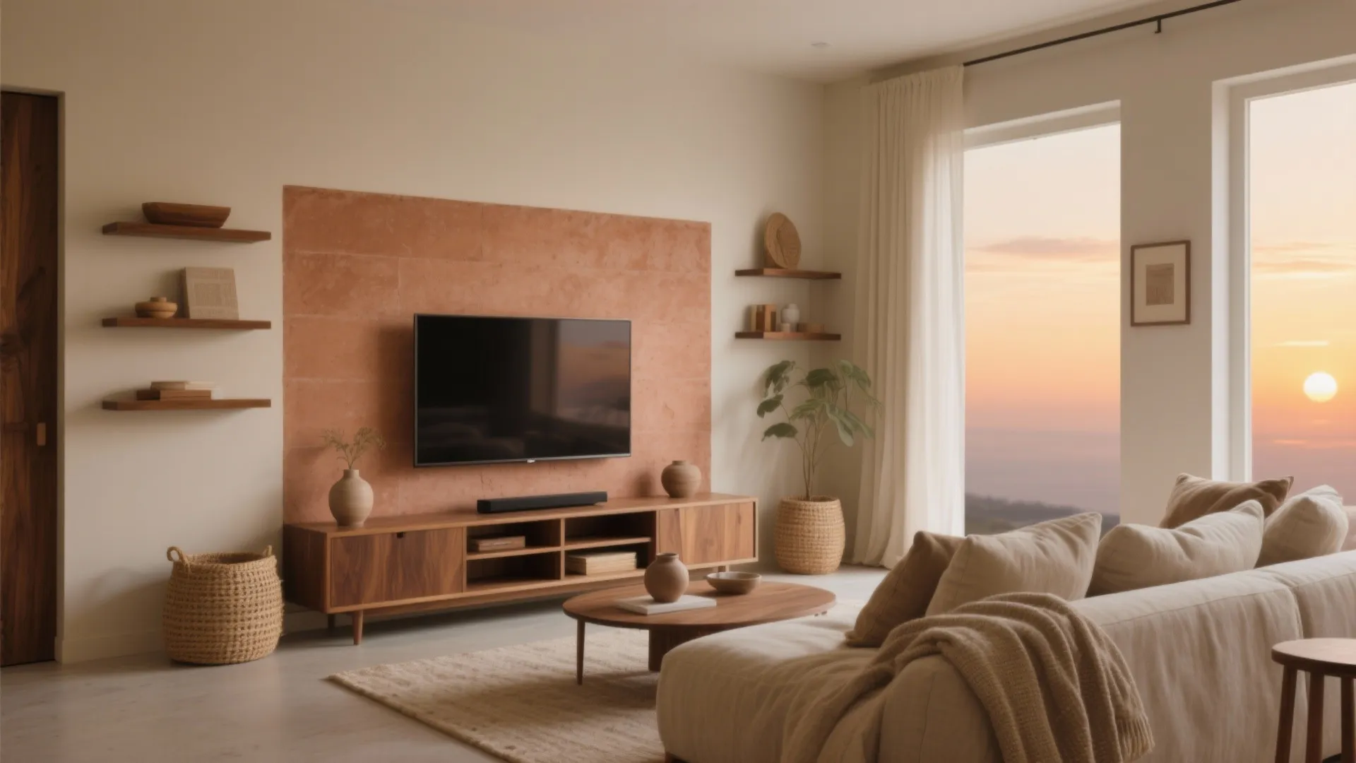 Minimalist living room with terracotta wall panel, television, beige sofa, wooden cabinet, and sunset view