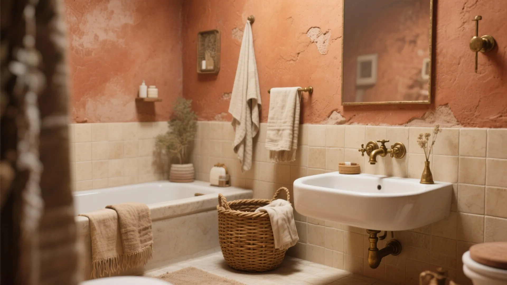 Rustic bathroom featuring terracotta walls beige wall tiles white sink gold tap and woven laundry basket