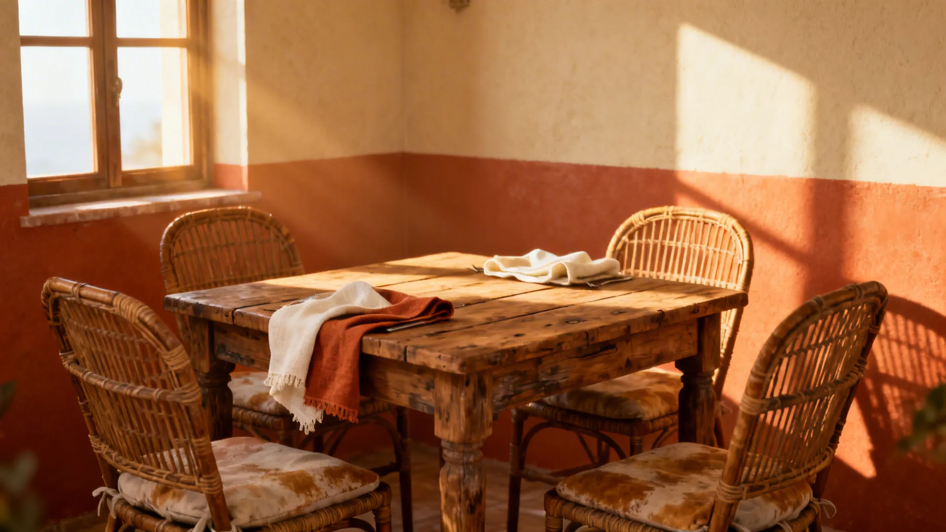 Cozy dining corner with terracotta lower walls and creamy beige upper walls, rattan chairs