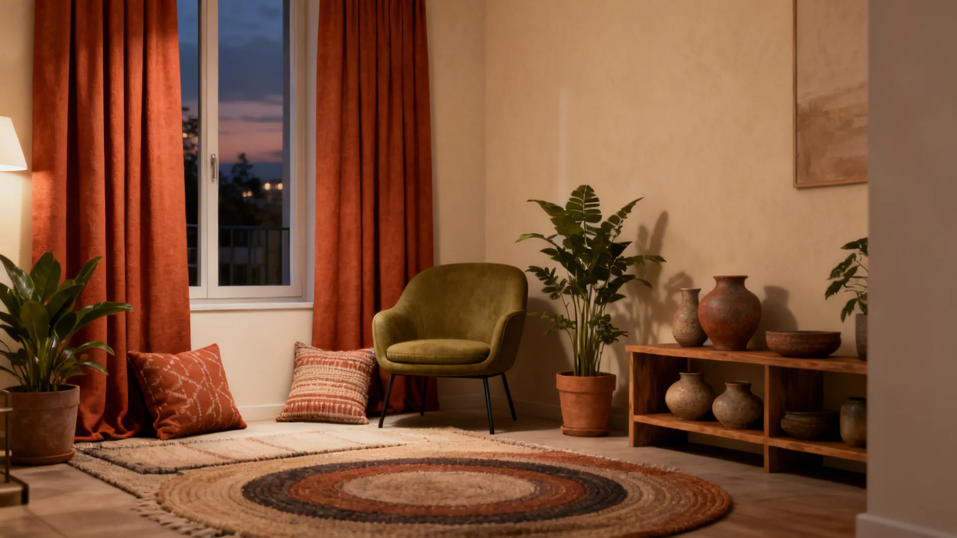 Compact living room with terracotta textiles, soft beige walls and an olive accent chair