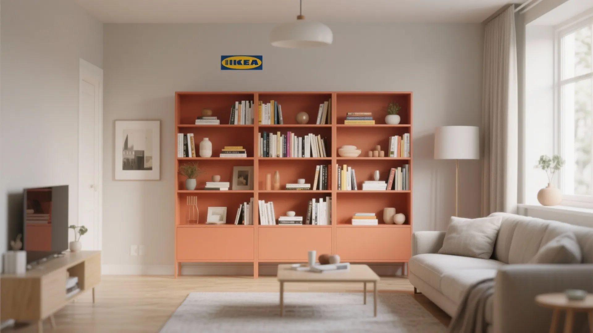 Terracotta painted Billy bookcase as focal point in living room