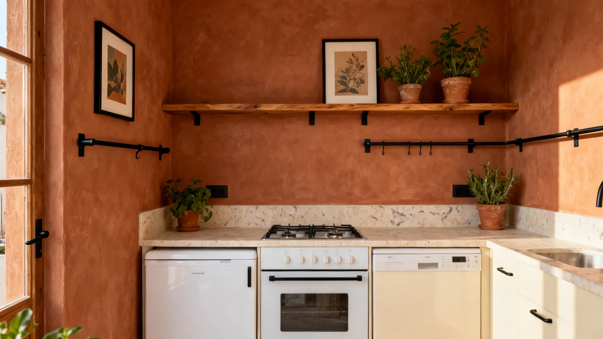 Boho-modern small kitchen with terracotta walls and matte black rail and hardware in warm light.