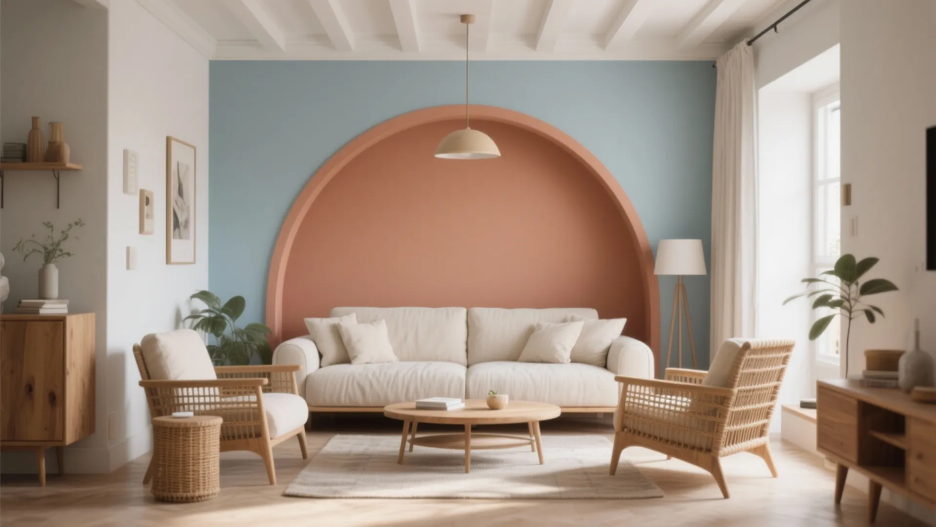 Modern living room with orange arch wall design white sofa wooden table and ceiling light