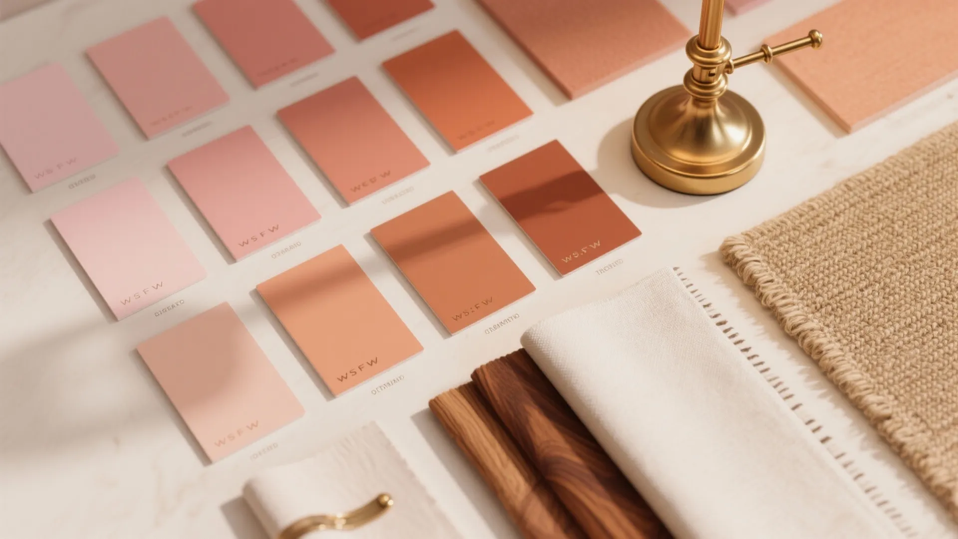 Pink and orange color paint cards arranged on a table with wood and fabric samples