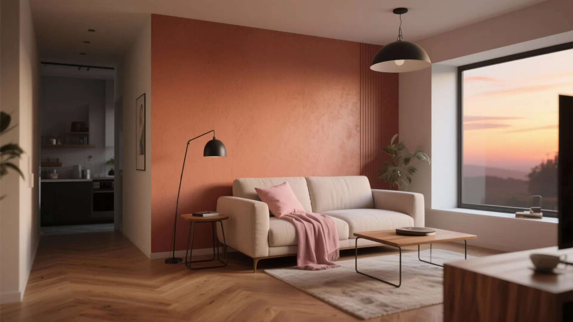 Living room with terracotta wall, white sofa, pink blanket, wooden table, lamp, and sunset window