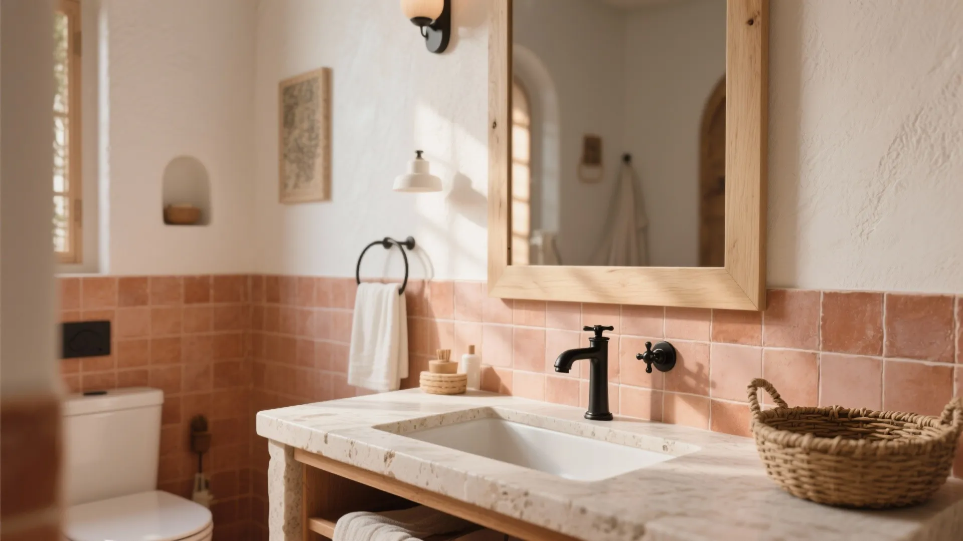 Warm bathroom interior with pink wall tiles stone counter black water tap and wood framed mirror