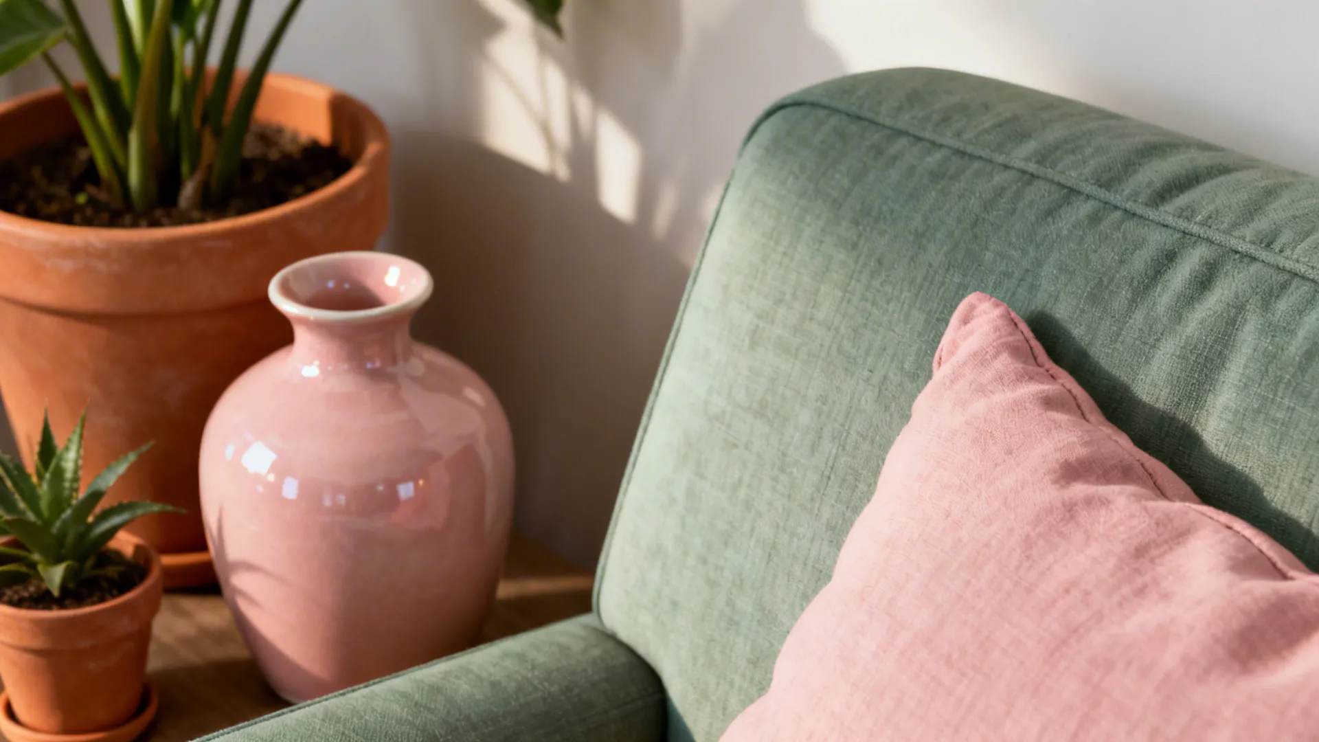 Terracotta planters and a blush vase paired with a sage sofa corner
