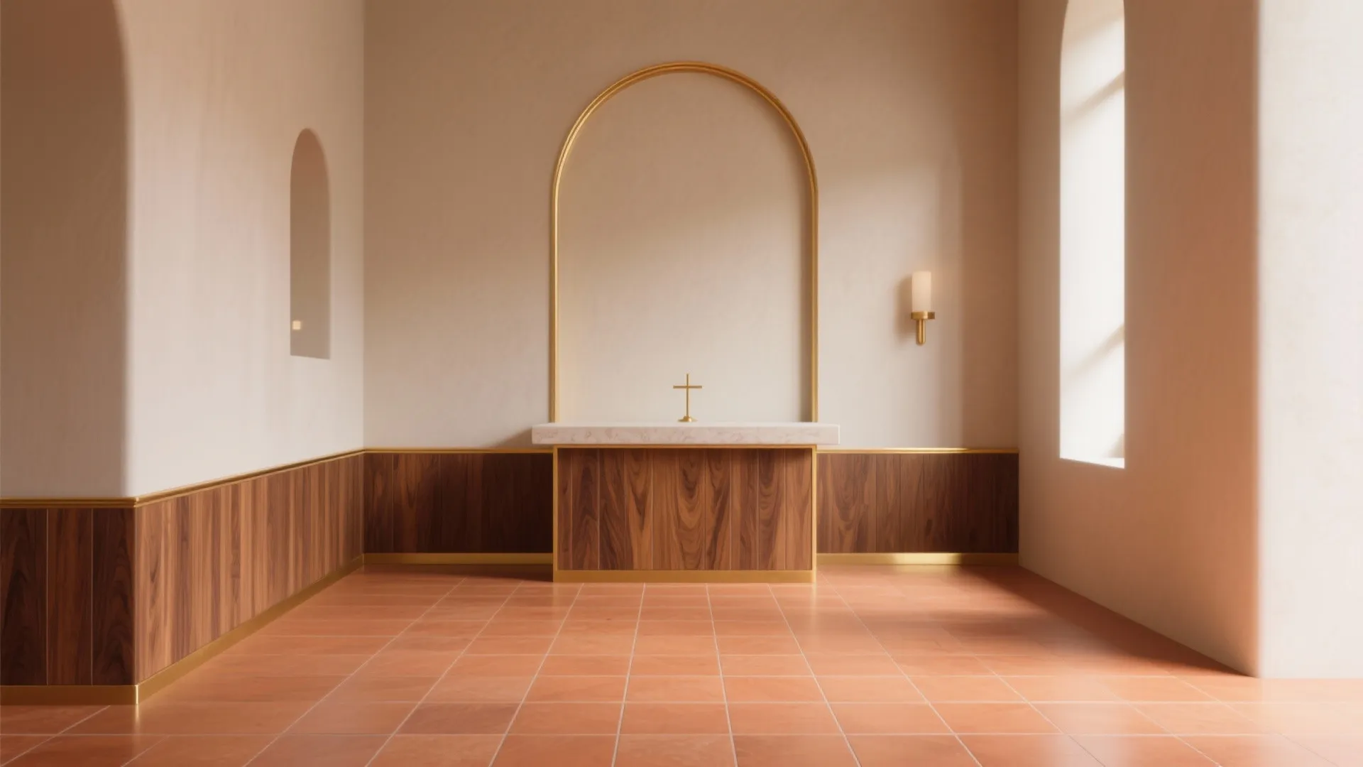 Modern interior design with terracotta floor, wood wall panel, gold arch, and soft sunlight window