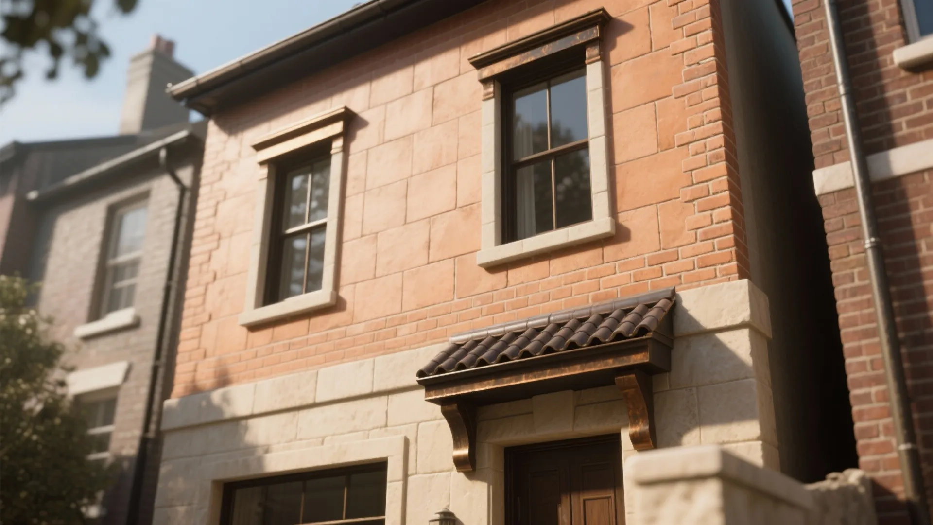 Lean facade with pale terracotta tiles, dark bronze gutters, and brick slips for warm character.