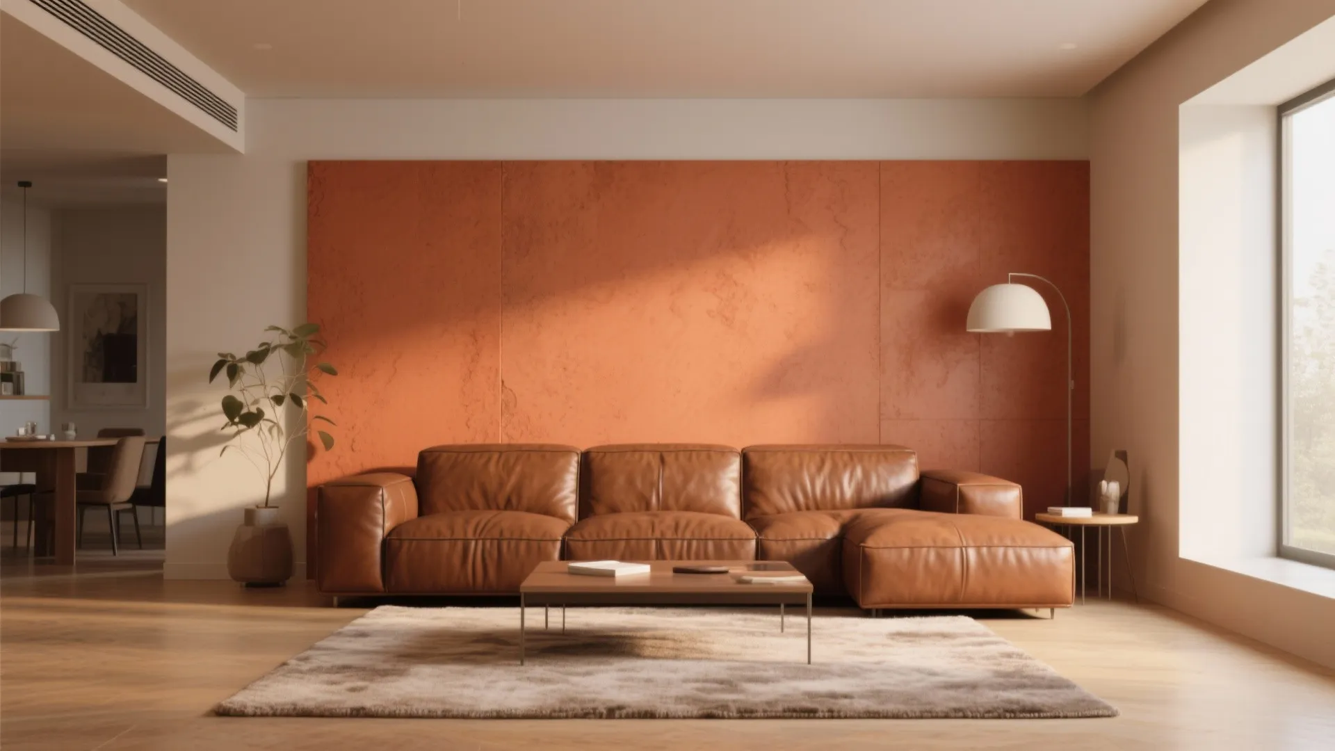 Terracotta painted feature wall with brown leather sofa