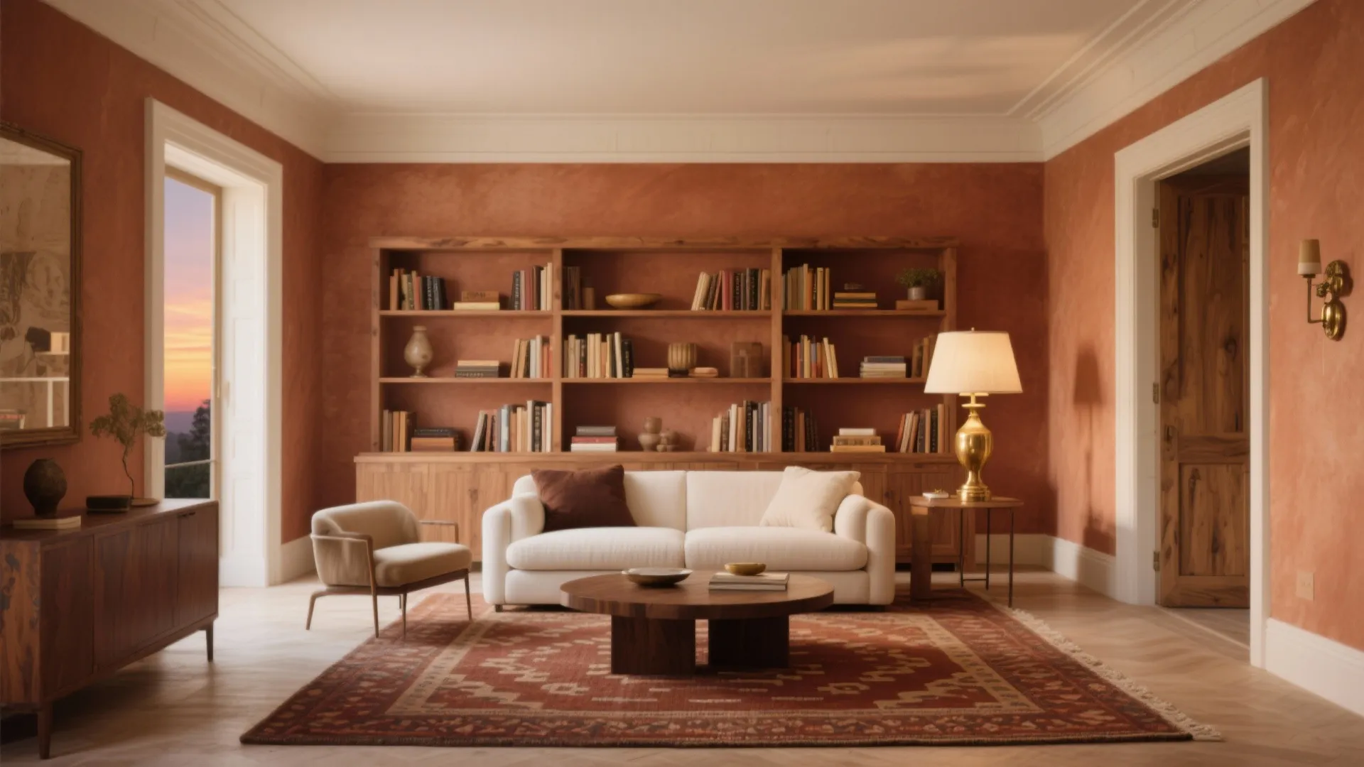 Warm living room with orange walls featuring large wooden bookshelf white sofa and wooden table
