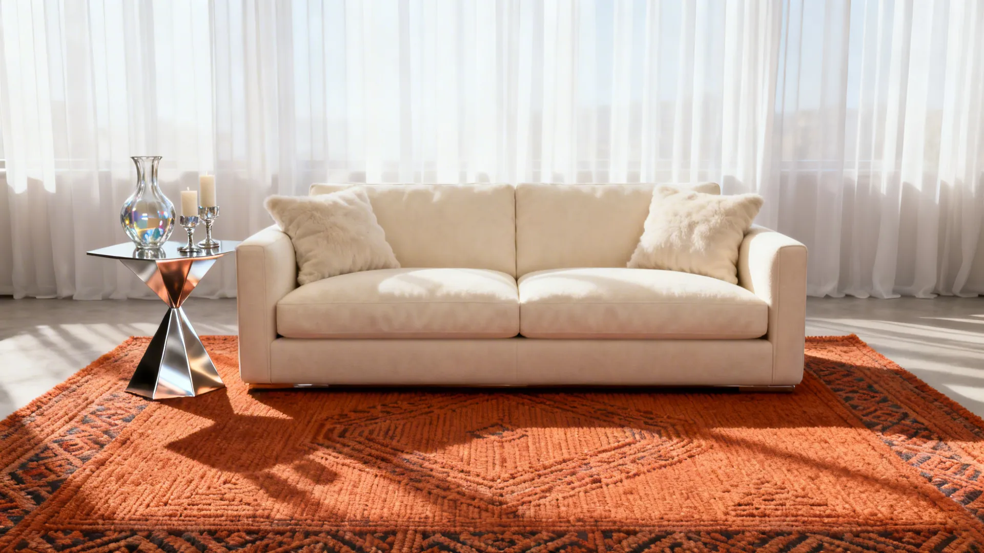 White sofa on orange rug with silver side table and bright sunlight through white curtains