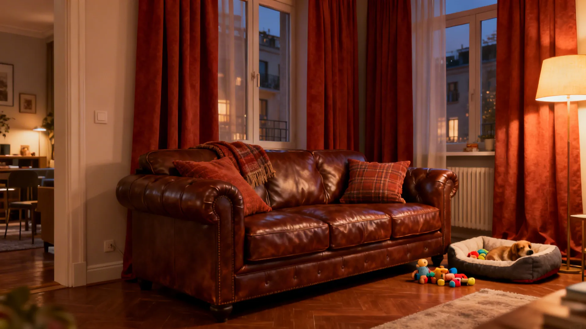 Compact living room with terracotta fabrics and a chocolate leather sofa illuminated by warm lighting.