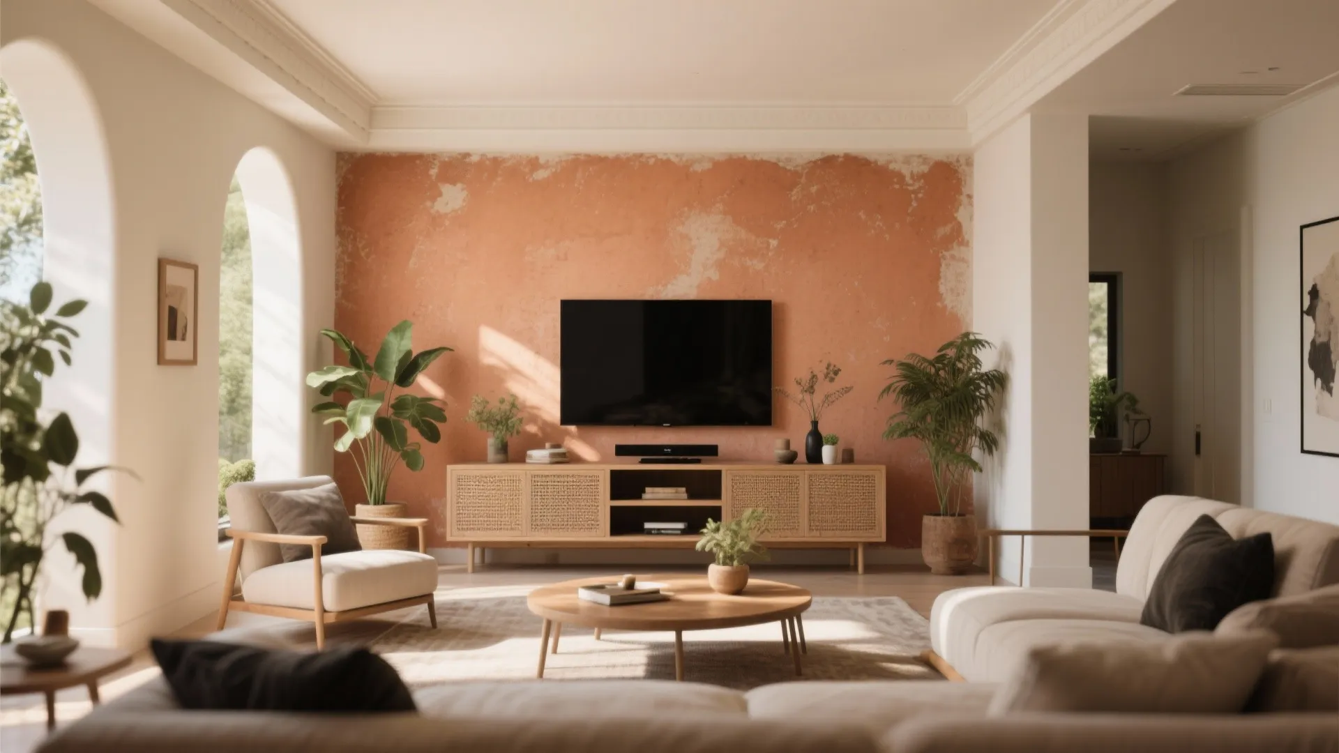 Modern living room with terracotta wall, wooden cabinet, round coffee table, sofa, and green plants