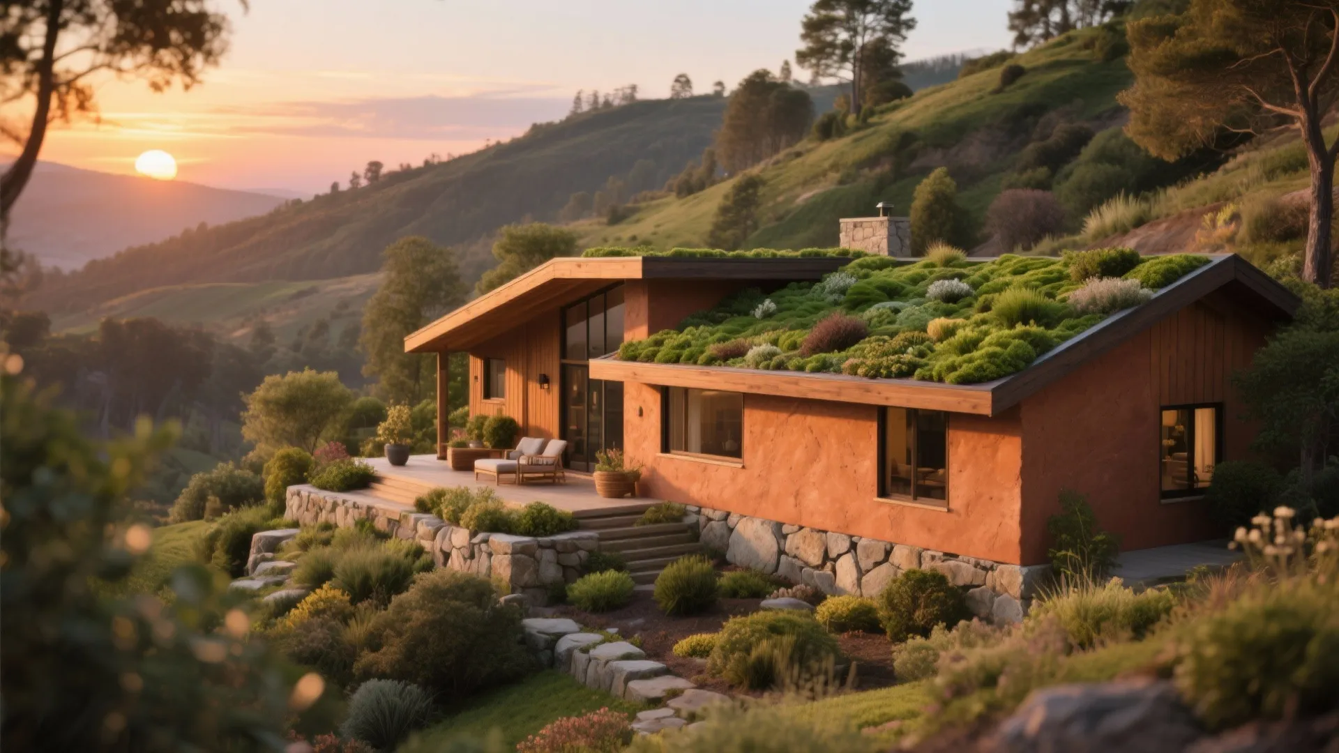 Modern orange house with a green plant roof sitting on a hill during a sunset
