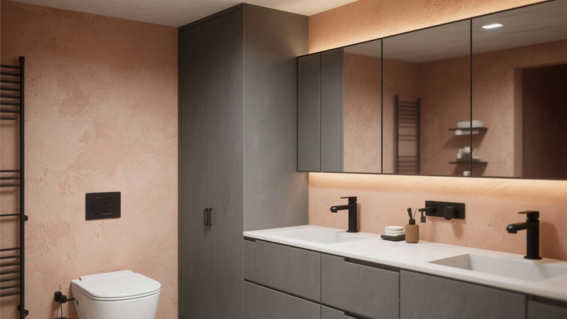 Bathroom with gray cabinets and soft terracotta walls paired with matte black fixtures.