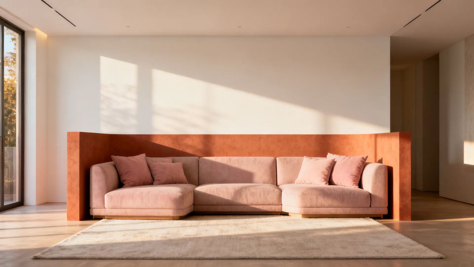 Terracotta color-block framing a sofa with off-white walls, blush cushions, and warm afternoon light.