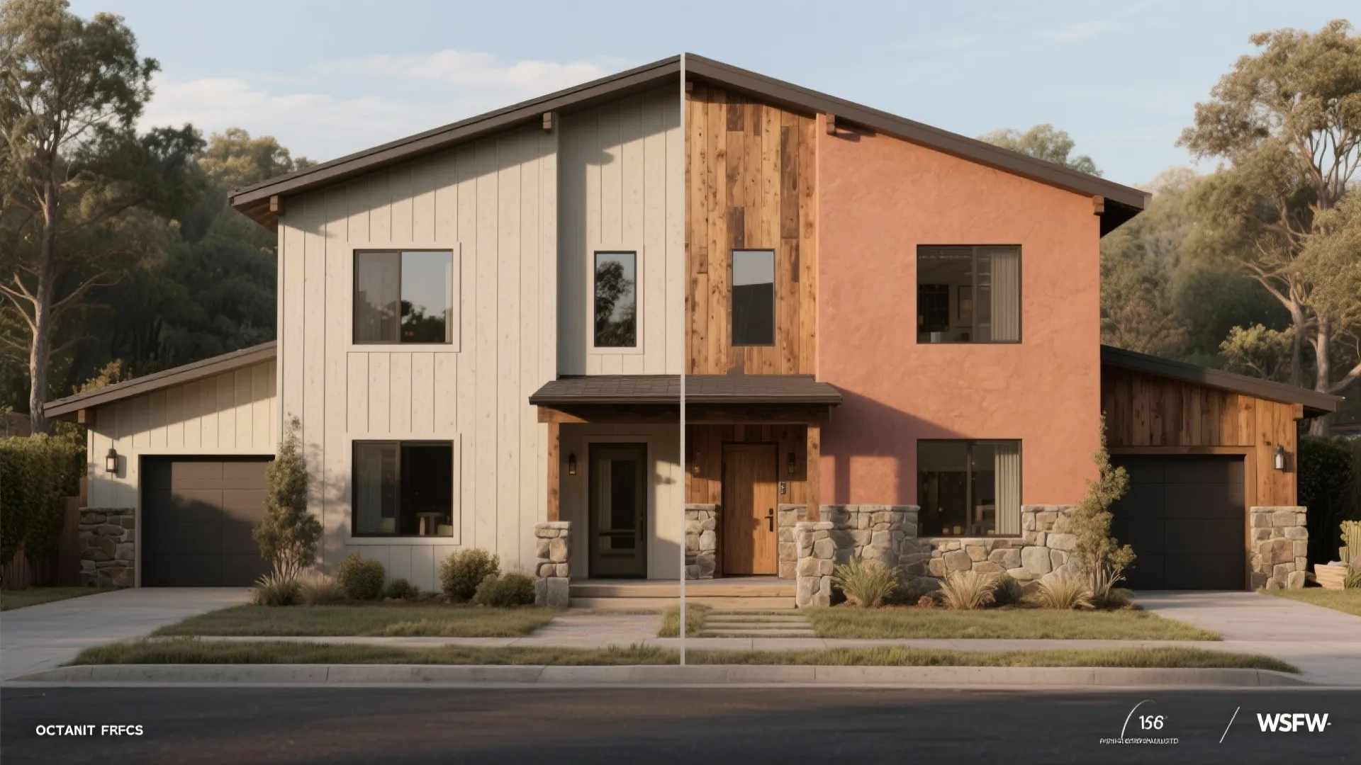 Before and after comparison of house exterior with white siding versus terracotta paint and wood