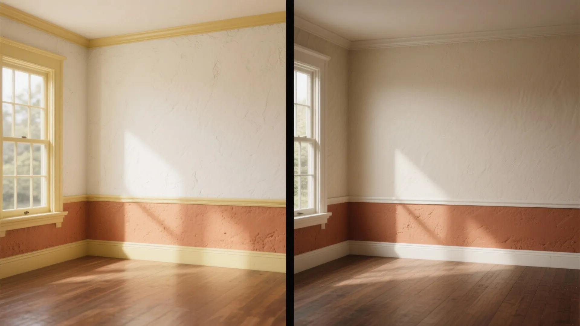 Before and after comparison of an empty room showing different yellow and white window frame trim