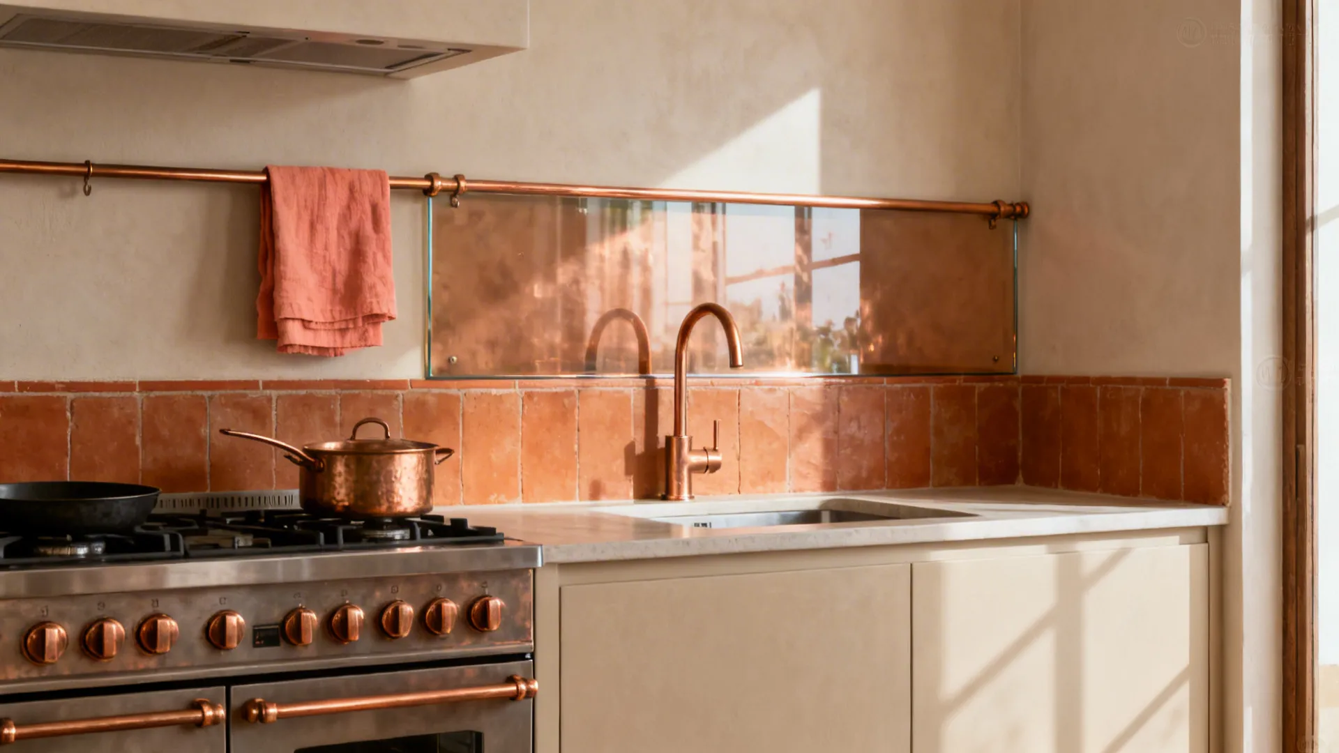 Compact cook zone with terracotta tile strip, coral textiles, and copper accents on a neutral backdrop.