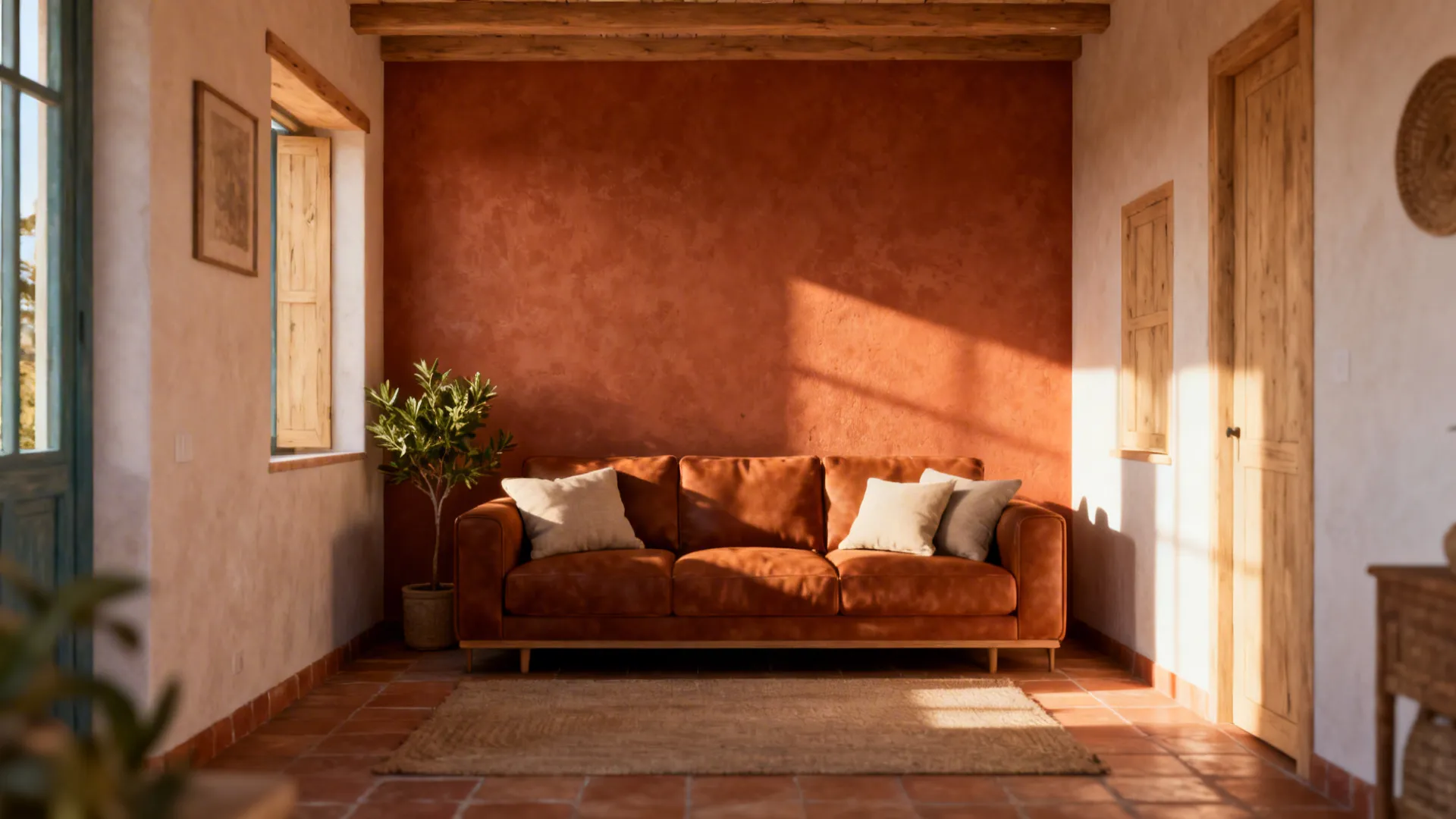 Cognac brown couch in a small room with a warm terracotta accent wall and neutral cushions