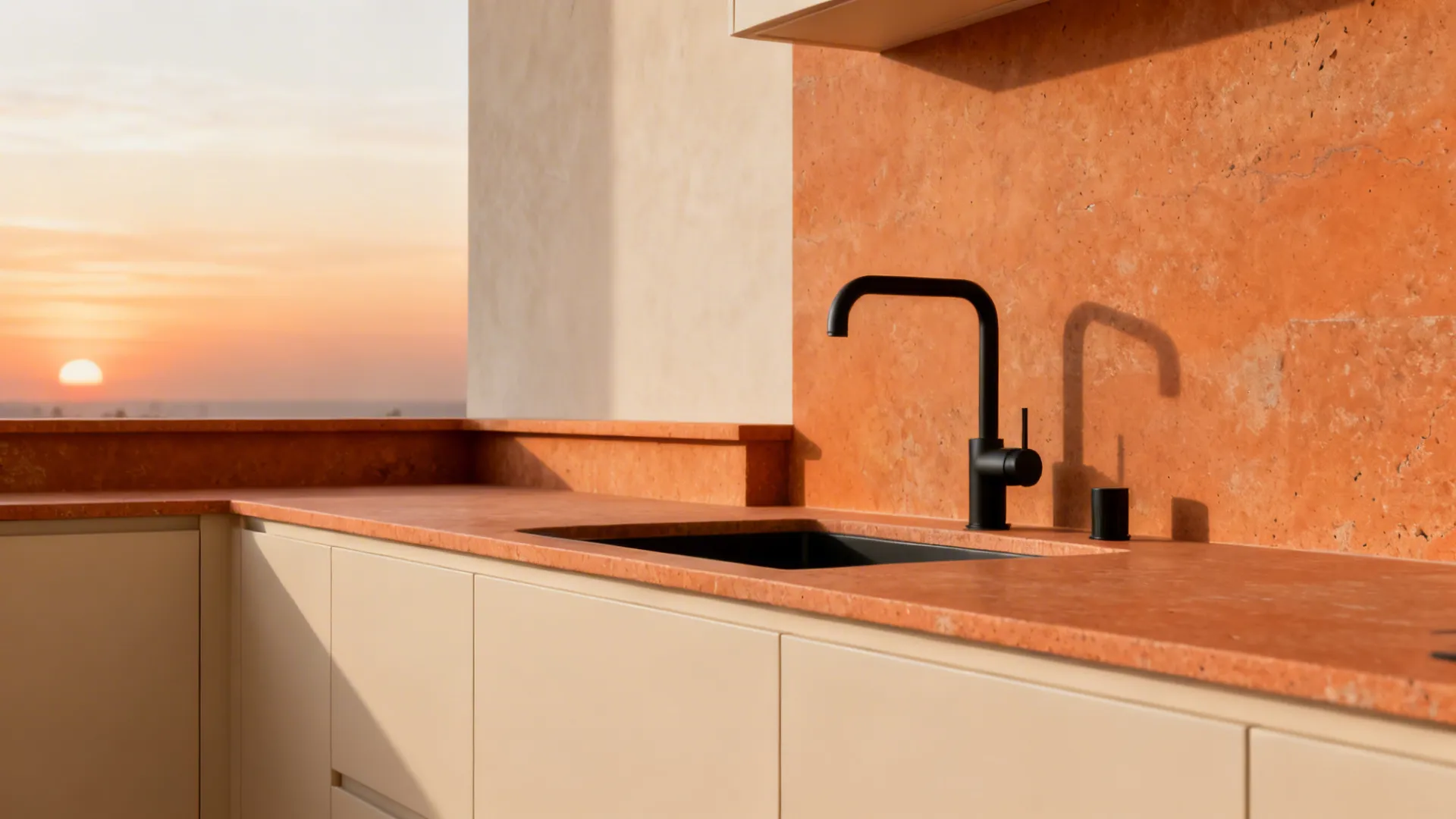 Compact kitchen with muted terracotta countertop, light cabinetry, and matte black fixtures.