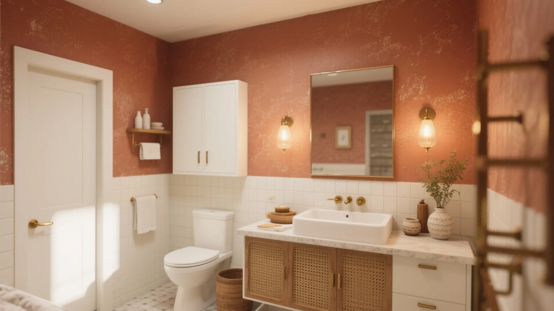Terracotta bathroom with white wall tiles wooden cabinet gold wall light fixtures and white ceramic sink