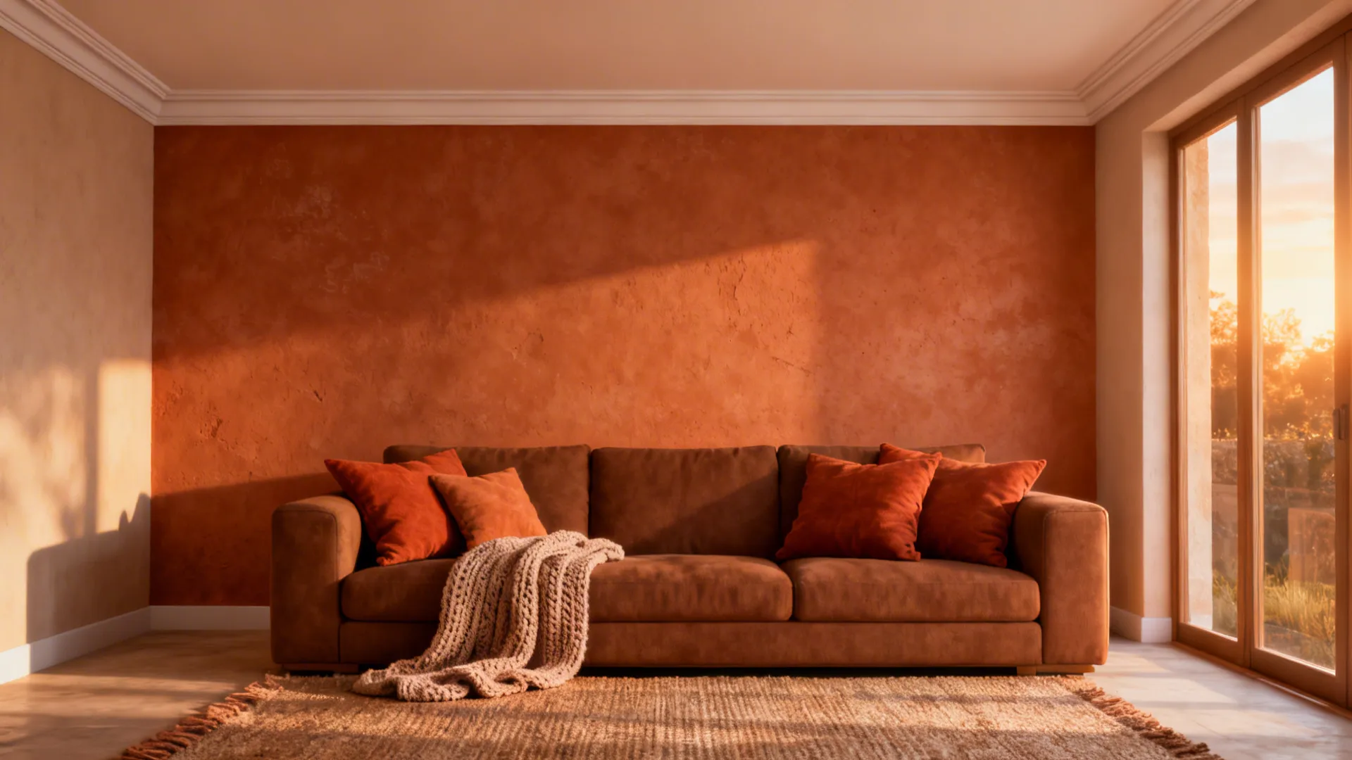 Living room with a terracotta accent wall and a brown sofa with warm textiles.