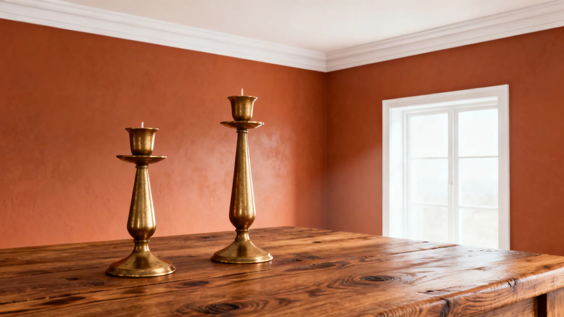 Two gold candle holders on wooden table in room with orange walls and white window