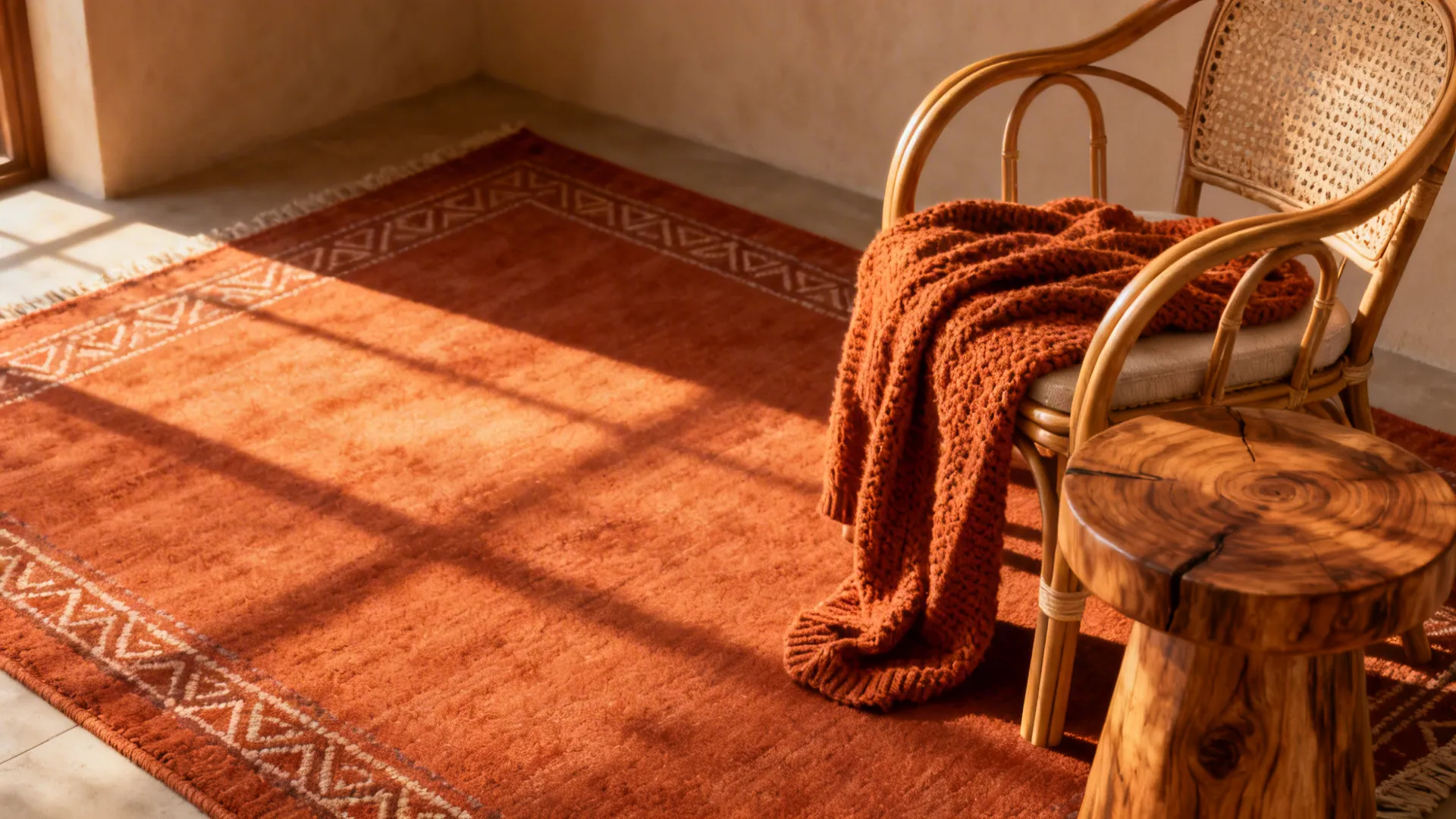 Cozy living room corner with a terracotta rug, rattan chair and warm throw