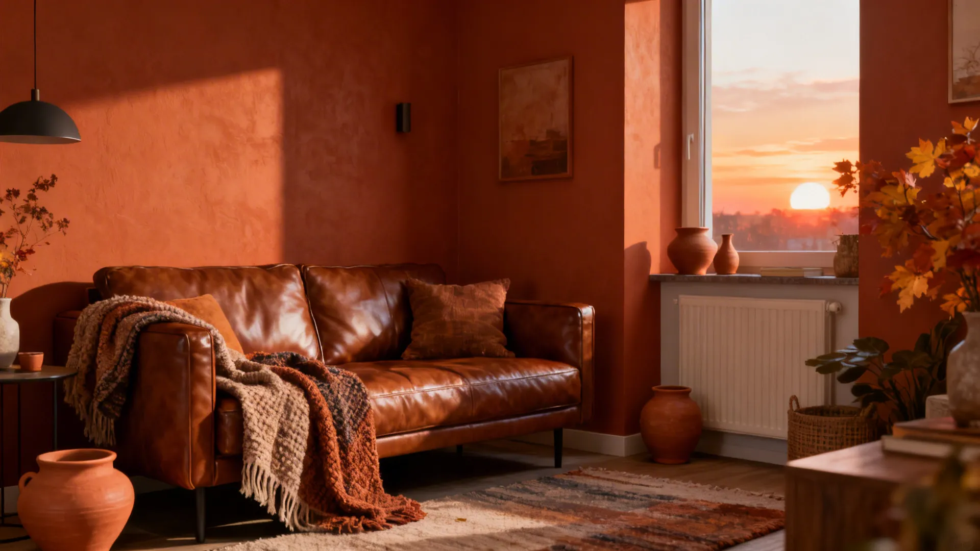 Warm living room with terracotta walls brown leather sofa cozy blankets and sunset view through window