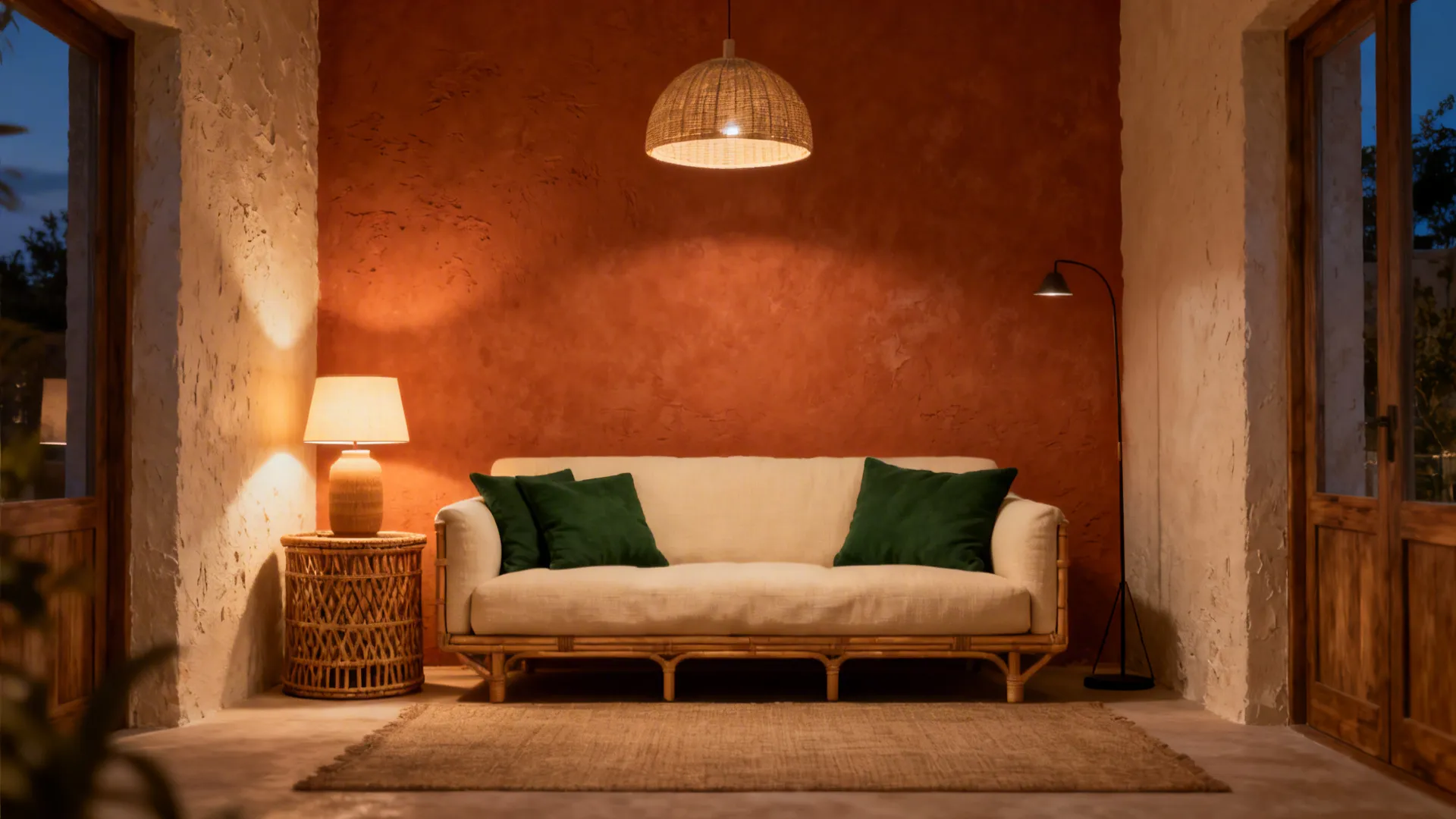 Cozy living area with a warm terracotta accent wall, cream sofa and rattan accents