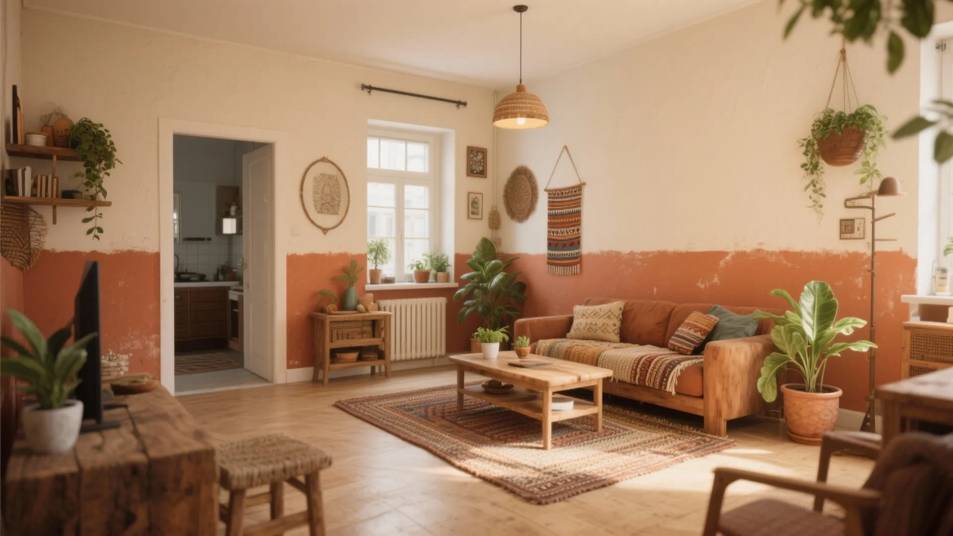 Warm living room with orange walls, brown sofa, wooden table, patterned rug, and green plants