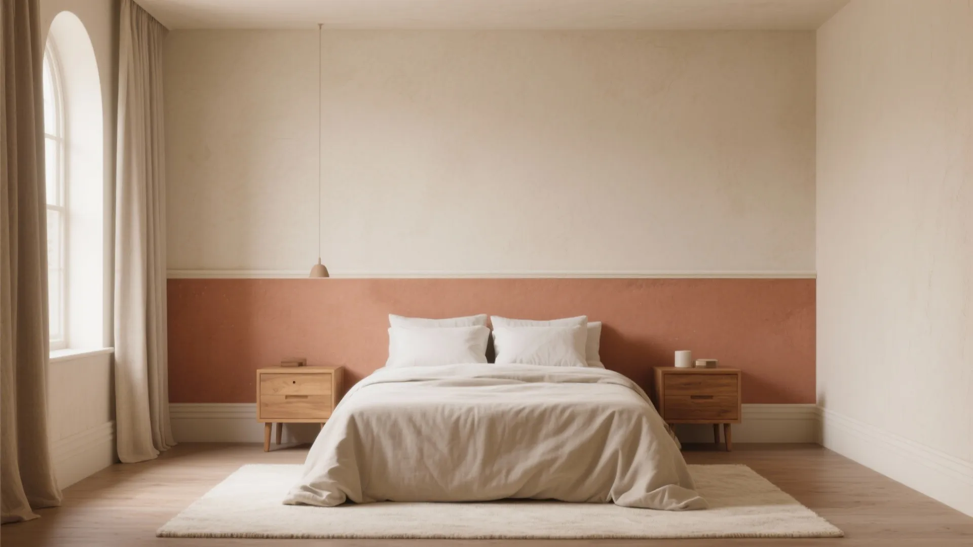Minimalist bedroom with terracotta wall panel cream walls wooden bedside tables white rug and natural light