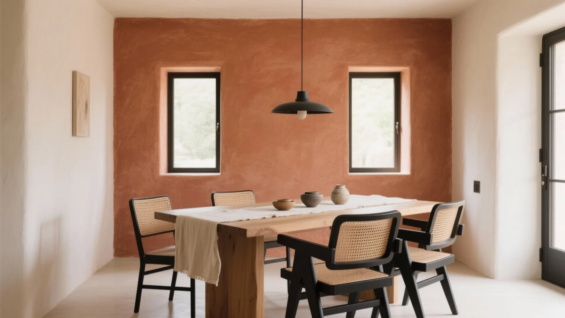 Modern dining room featuring a wood table with black chairs and a terracotta accent wall